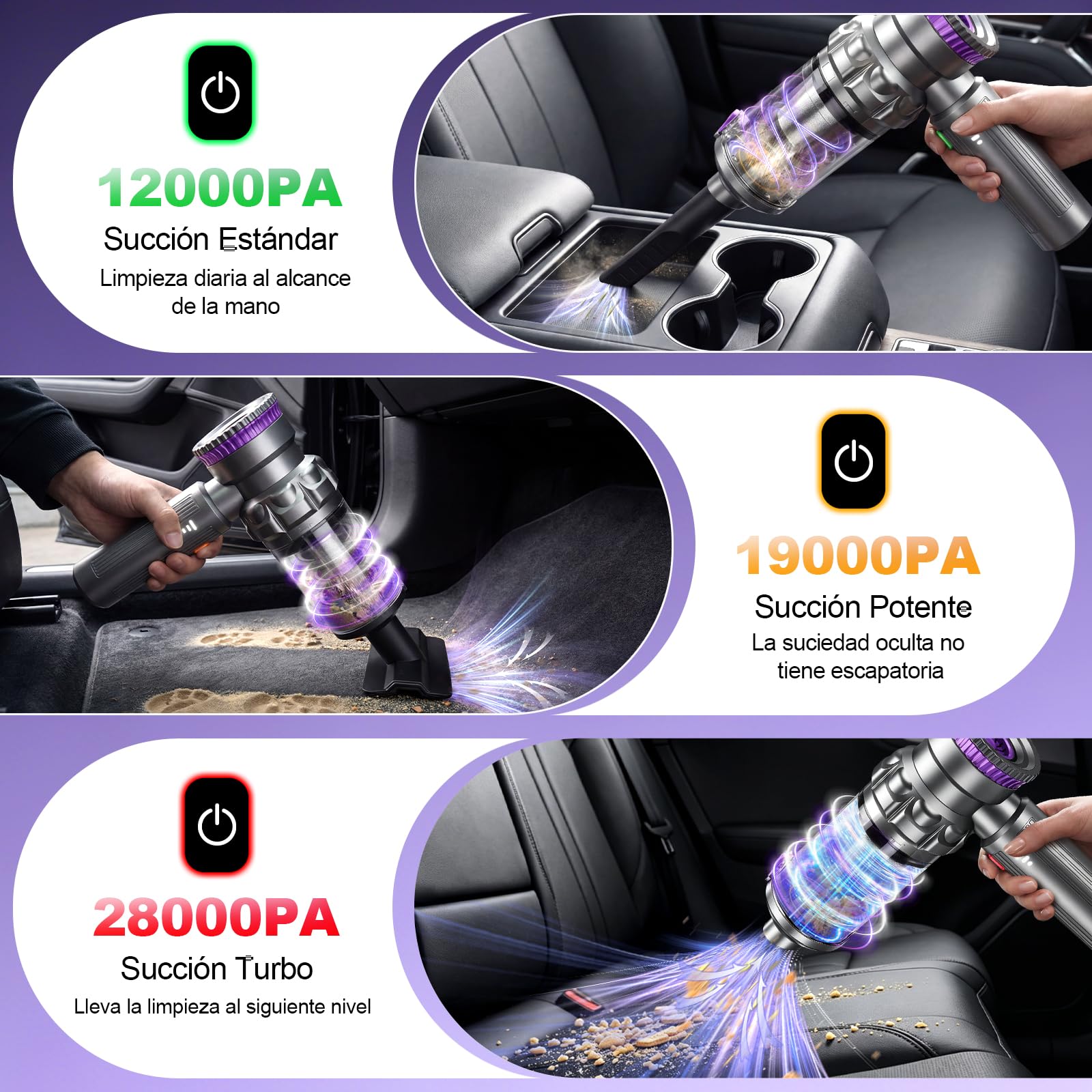 Aspiradora Coche Sin Cable Potente, 28000Pa Aspiradora de Mano Sin Cable Portátil Recargable, 4 en 1 aspiradora coche con Motor sin Escobillas, Ideal para Pelo de Mascotas, Coche, Camper - Plateado