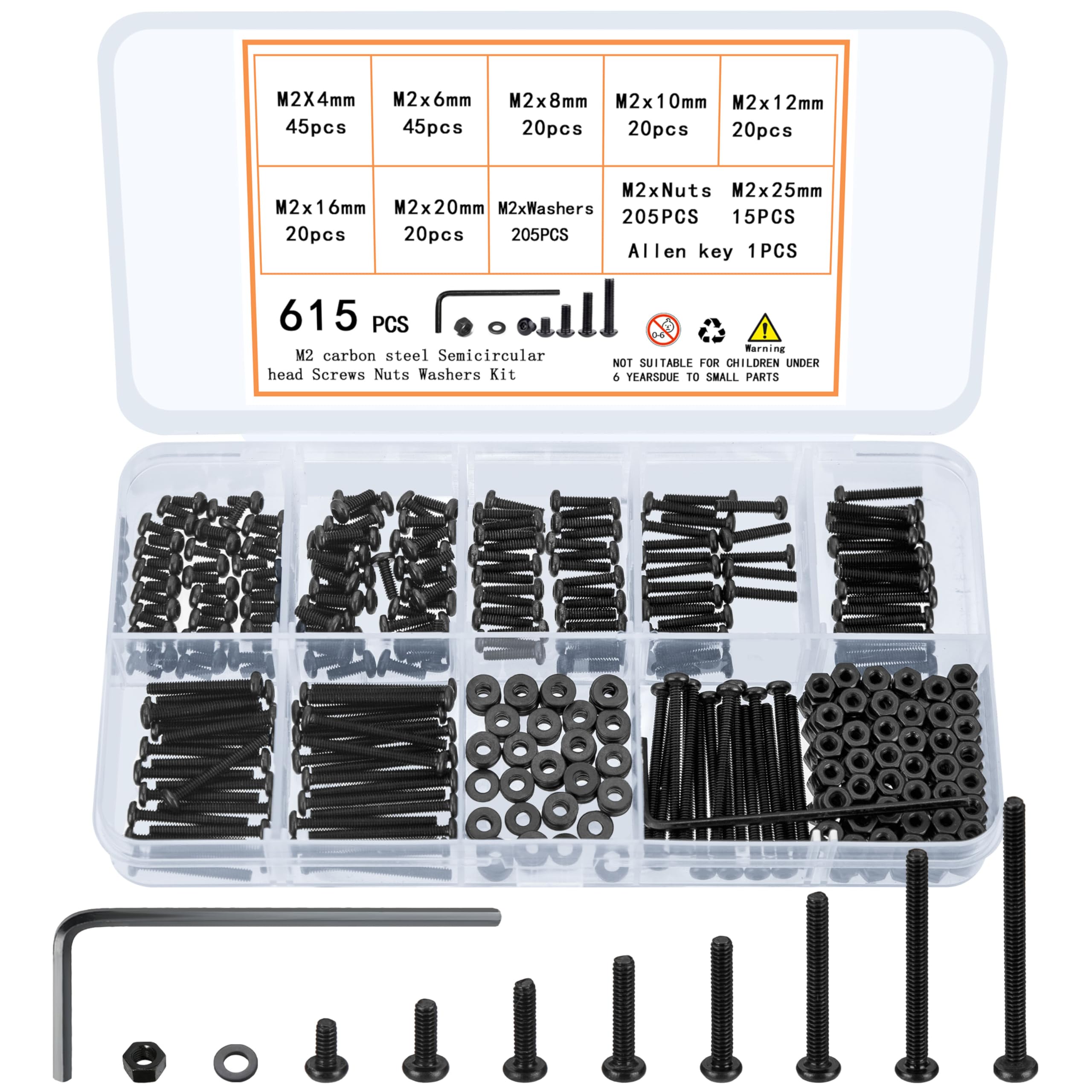 615 Pcs M2 Screw Assortment, M2 Bolts and Nuts Kit, Hex Socket Button Head Cap Screws and Nuts and Washers Set, Metric Machine Screw Assortment Kit, Small Black Assorted Screws Nuts