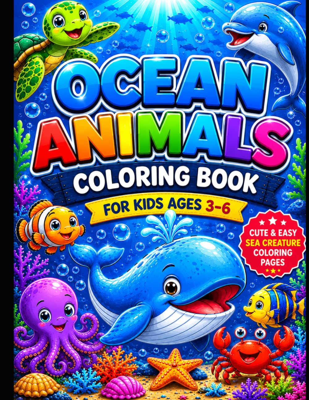 Ocean Animals Coloring Book for Kids Ages 3-6: Cute and Easy Sea Creature Coloring Pages for Preschoolers Featuring Dolphins, Sharks, Whales, Turtles, ... Fish, Crabs, and More Fun Underwater Animals