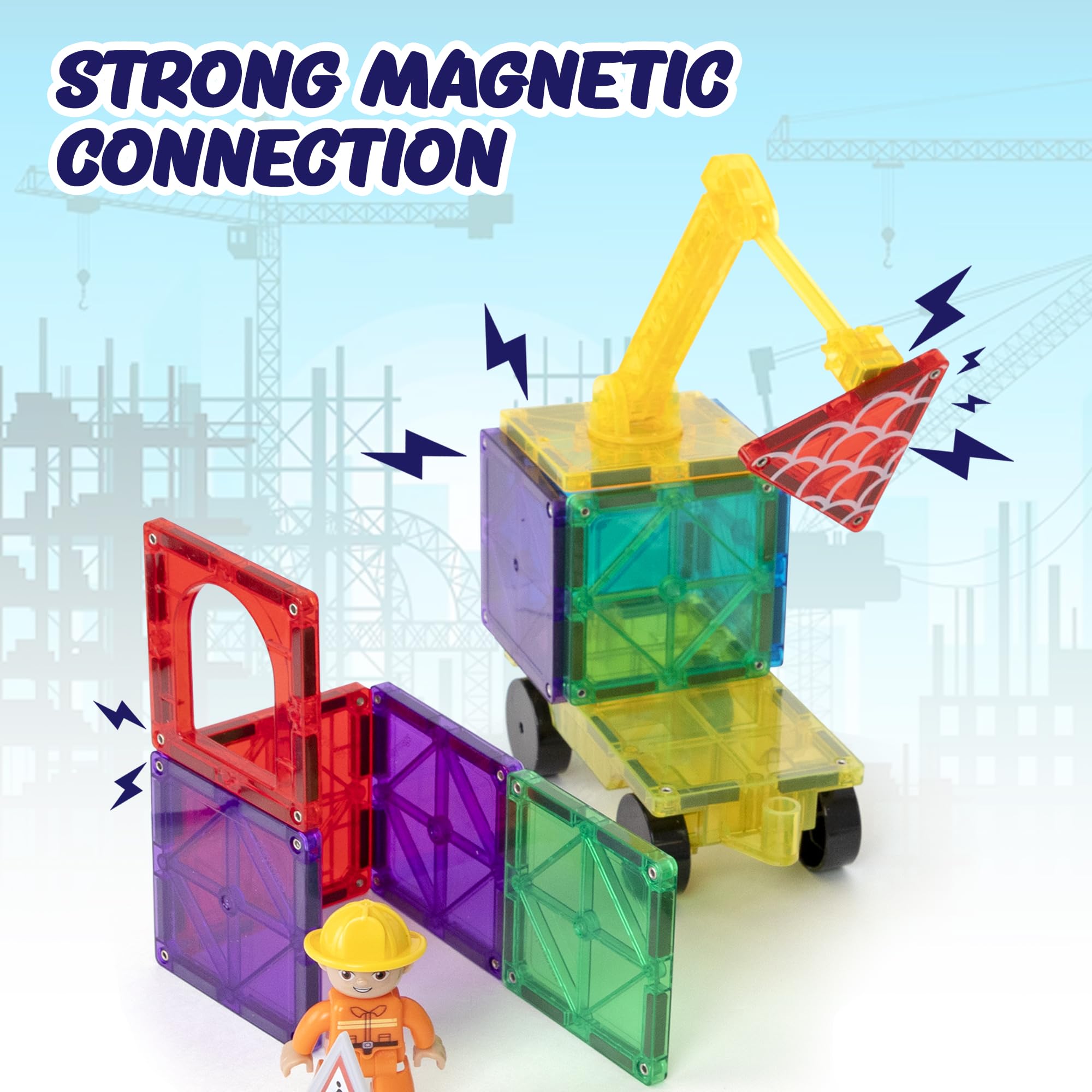 Playmags 52-Piece City Construction Magnetic Tiles Set, Building Blocks with Crane & Road Pieces - Image 4