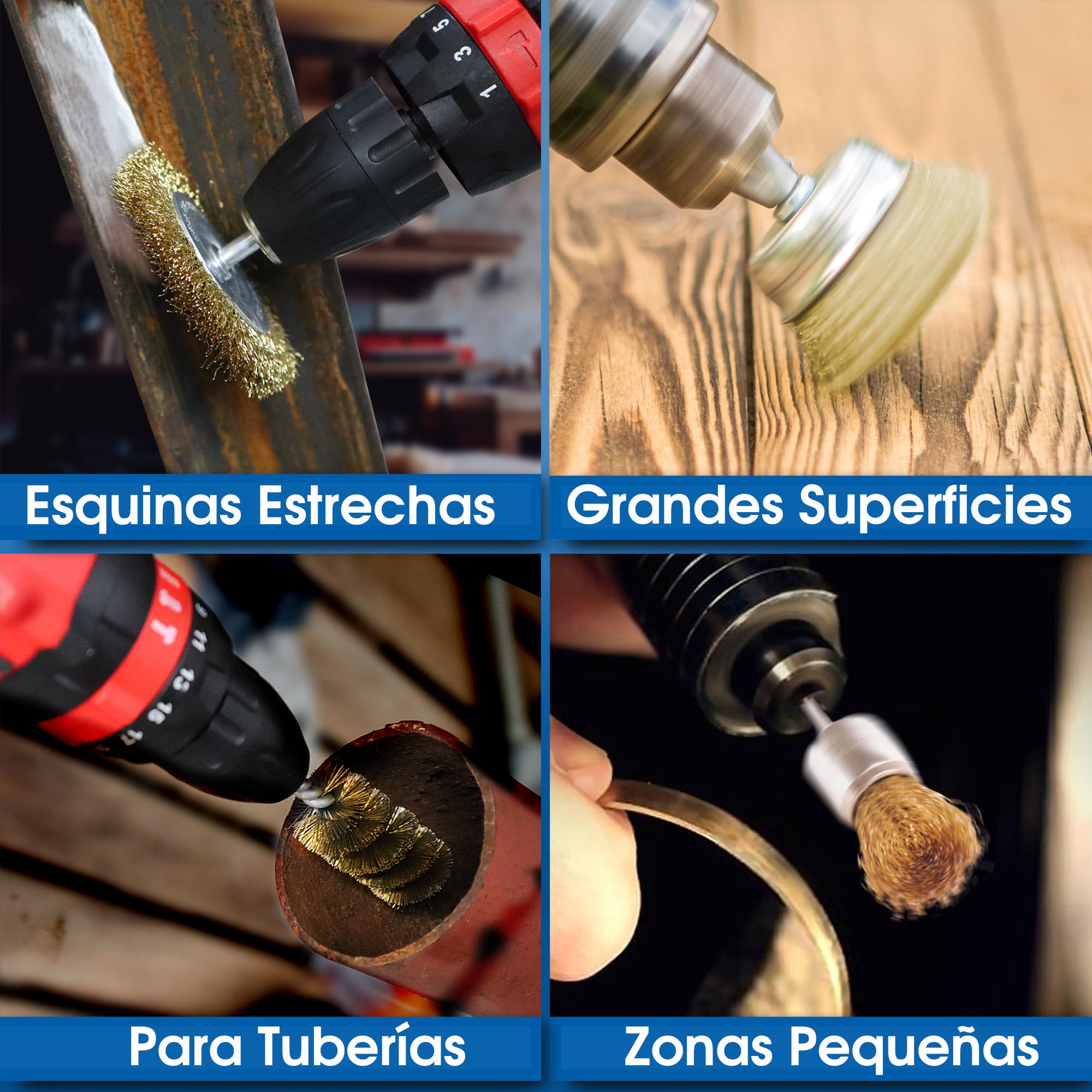 S&R Juego de 7 cepillos de alambre para taladro, destornillador inalámbrico. Cepillo para Lijar y Limpiar Madera Metal Pintura, Cepillos de Alambre de Latón Ø 0,5 mm, Vástago Hexagonal 6 mm 1/4"