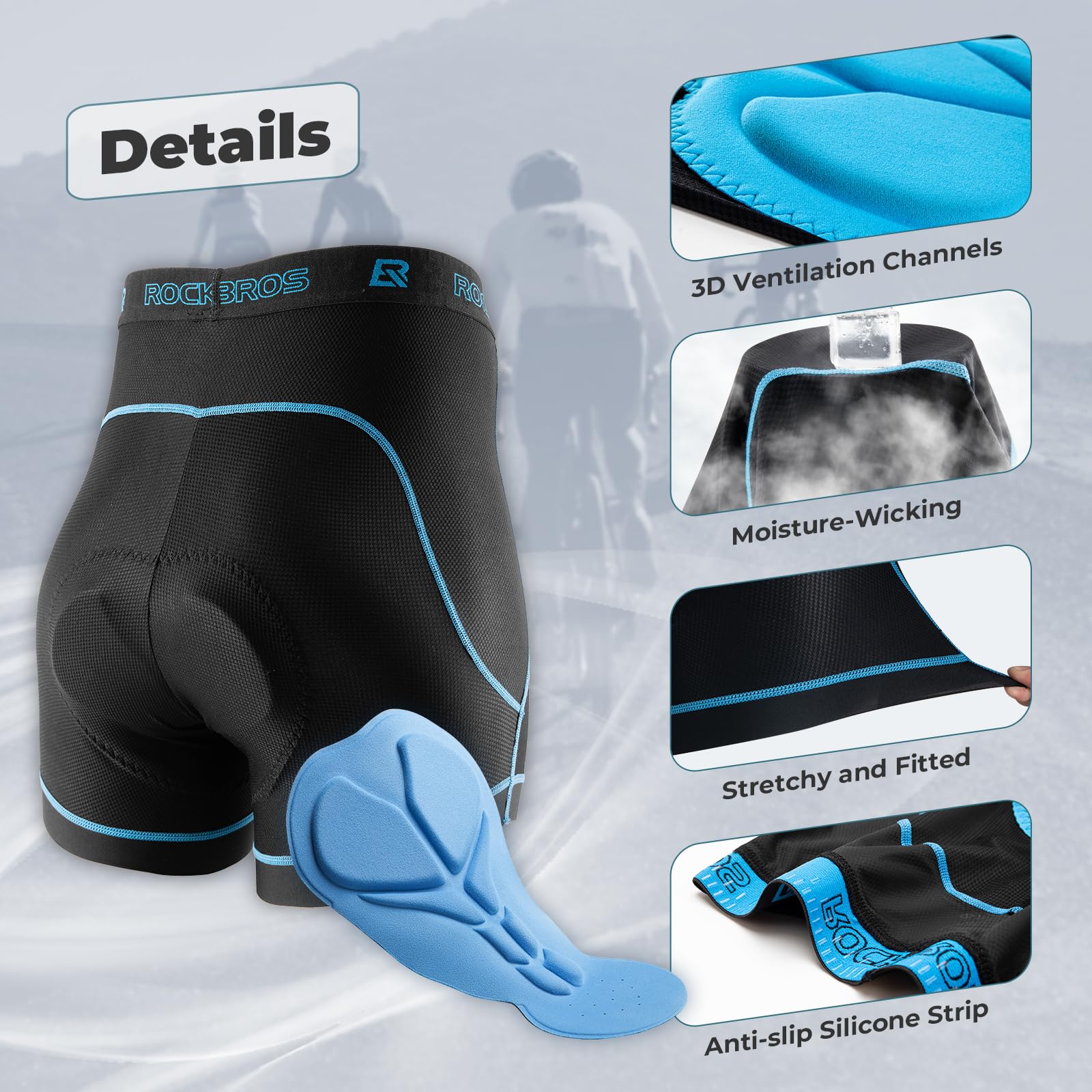 ROCKBROS Fahrradhose Herren Radunterhose mit 3D Sitzpolster Atmungsaktive Fahrradunterhose Gepolstert Fahrrad Unterwäsche Kurz Elastisch MTB Rennrad S-3XL