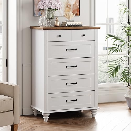 WAMPAT Cómoda blanca de 5 cajones para dormitorio, organizador de almacenamiento moderno de mediados de siglo con asas de metal y patas de madera