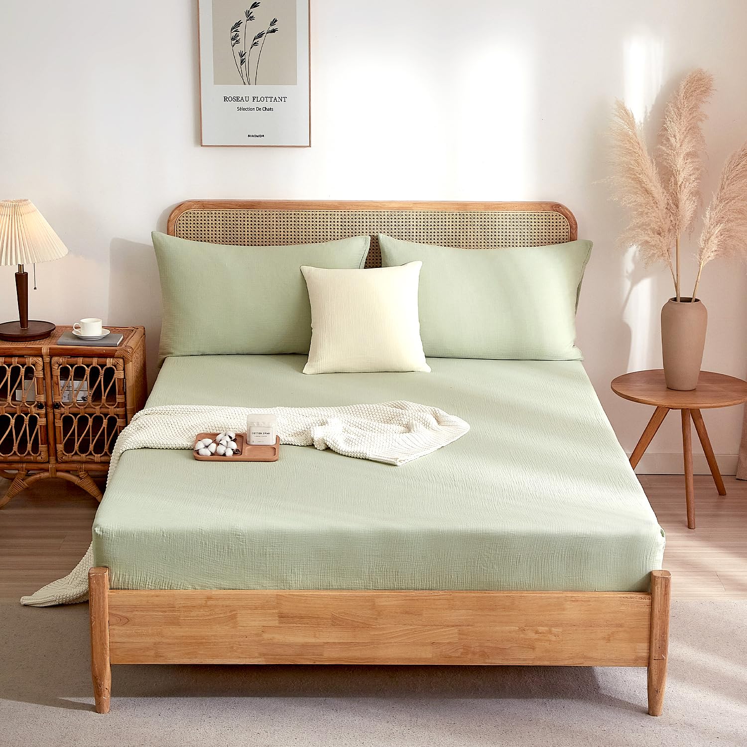 Luofanfei Bambus Lyocell Spannbettlaken 90x200cm Grün Salbeigrün Boxspringbett Frottee Topper Glänzend Bambusfaser Bettlaken Spannbetttuch 90 x 200 Uni Spannbetttücher für Hohe Matratze bis 25-30 cm