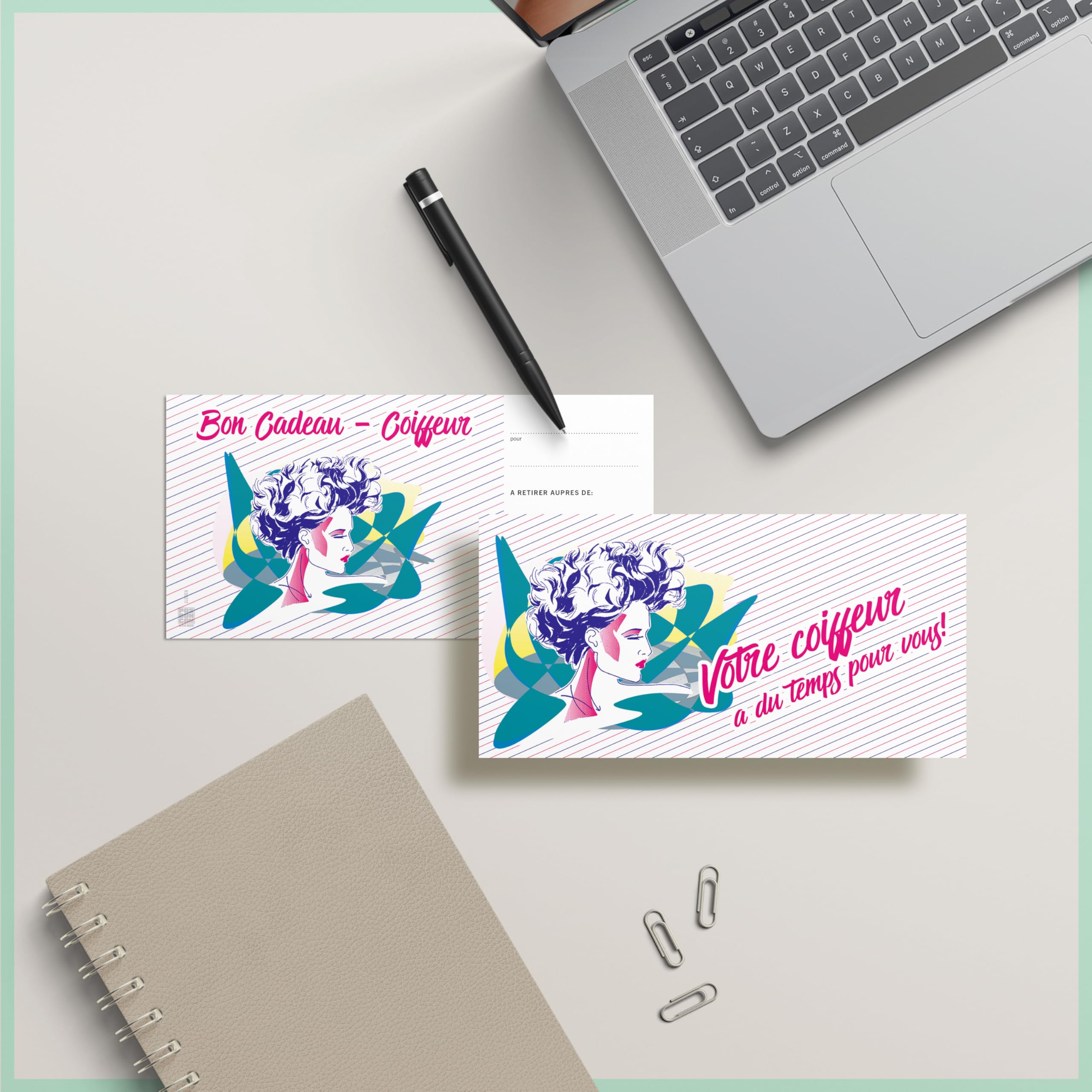POS BON - 100 bons cadeaux à remplir avec enveloppe/nœud ruban - formulaires imprimés pour des salons de coiffure K9001F-2-100-V2