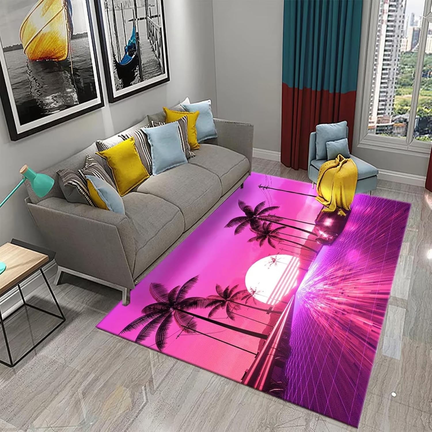 Carpet for Living Room 5'x7'(55"x79") Colorful Neon Wave Carpet Rug for Living Room Kids Bedroom Decor Kids Play Crawling Floor Mat Bathroom Kitchen Non-Slip Rugs