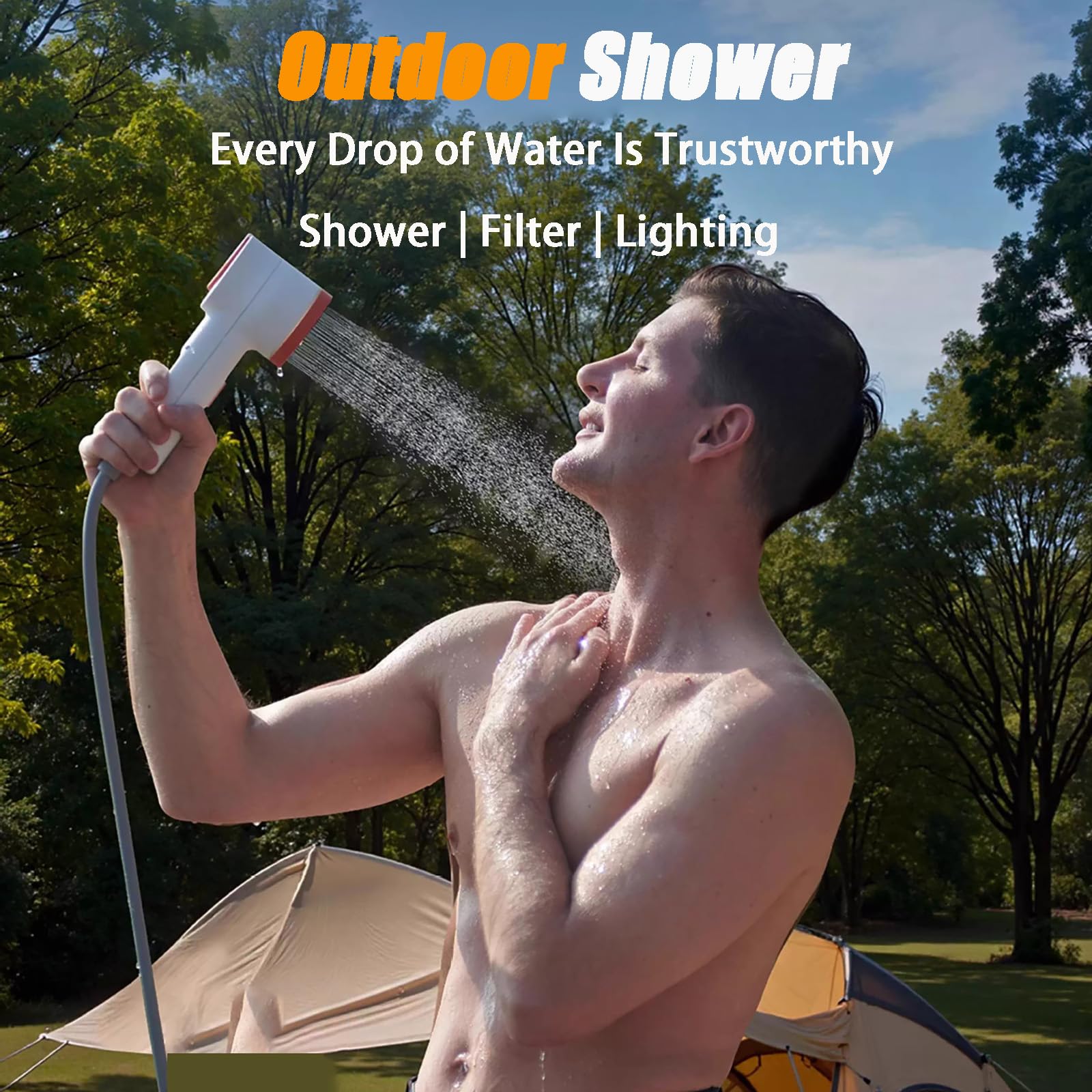 Ducha portátil para camping, bomba de ducha recargable con tubo de agua de 2 m, duración de la batería de 90 minutos, IPX6, impermeable, kit de ducha para exteriores para senderismo y viajes