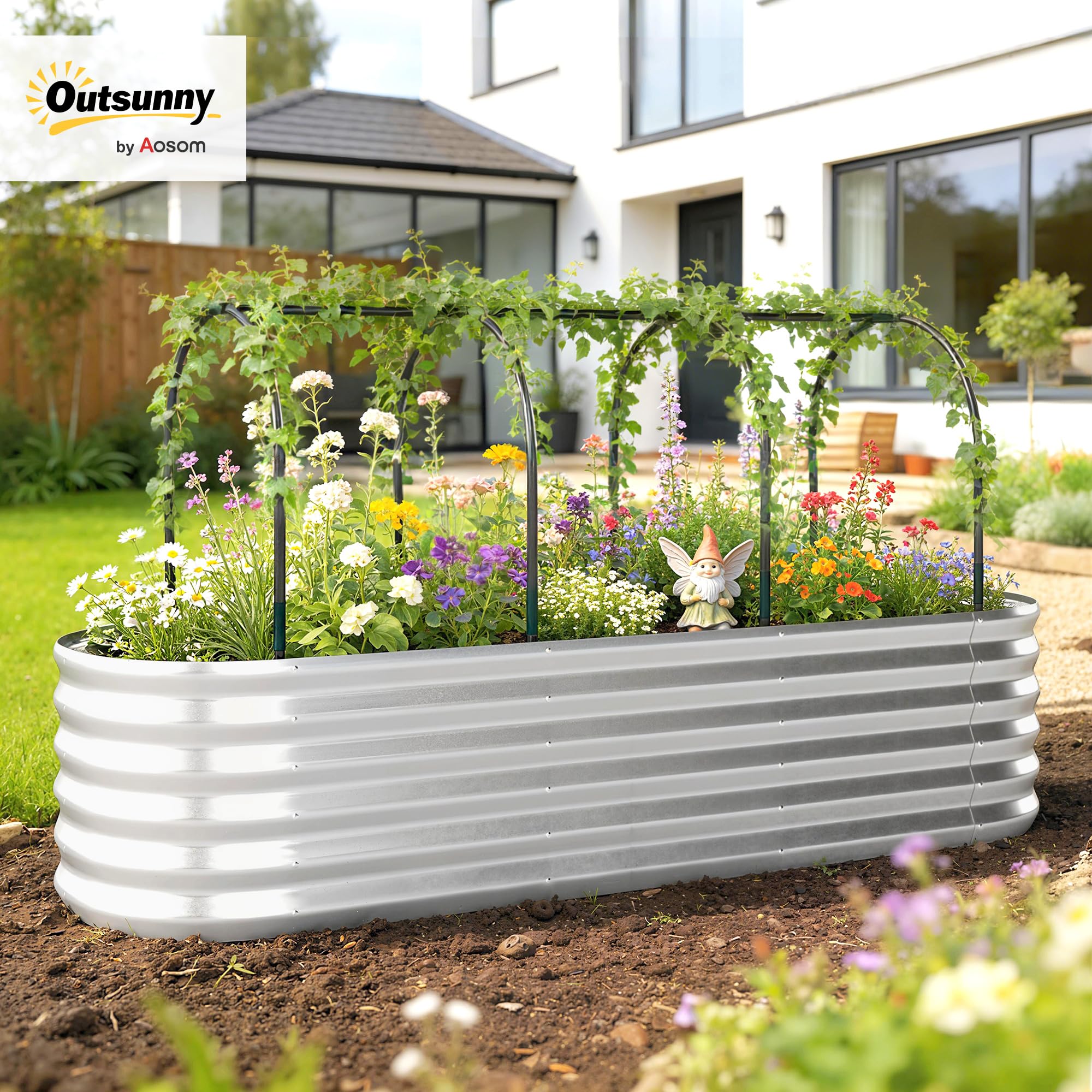 Outsunny Orto Rialzato da Esterno con Graticcio per Piante Rampicanti, Serra Coperture, Fioriera da Esterno Elevata in Acciaio con Fondo Aperto e Guanti, Verdure e Fiori, 200x60x103 cm, Argento