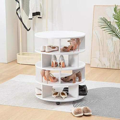 YM sky Zapatero giratorio redondo de madera 360 torre de zapatero de madera giratoria 4 niveles organizador de zapatos giratorio para 16 pares de