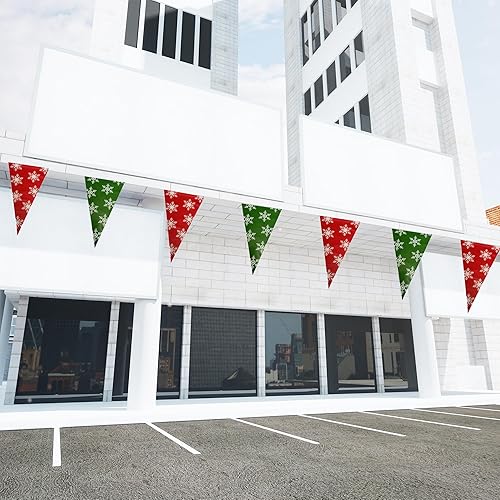 Miniatura 7 de Banderas de plástico de Navidad de 100 pies, pancarta de banderín navideño, guirnalda verde y roja con copos de nieve blancos, banderas triangulares