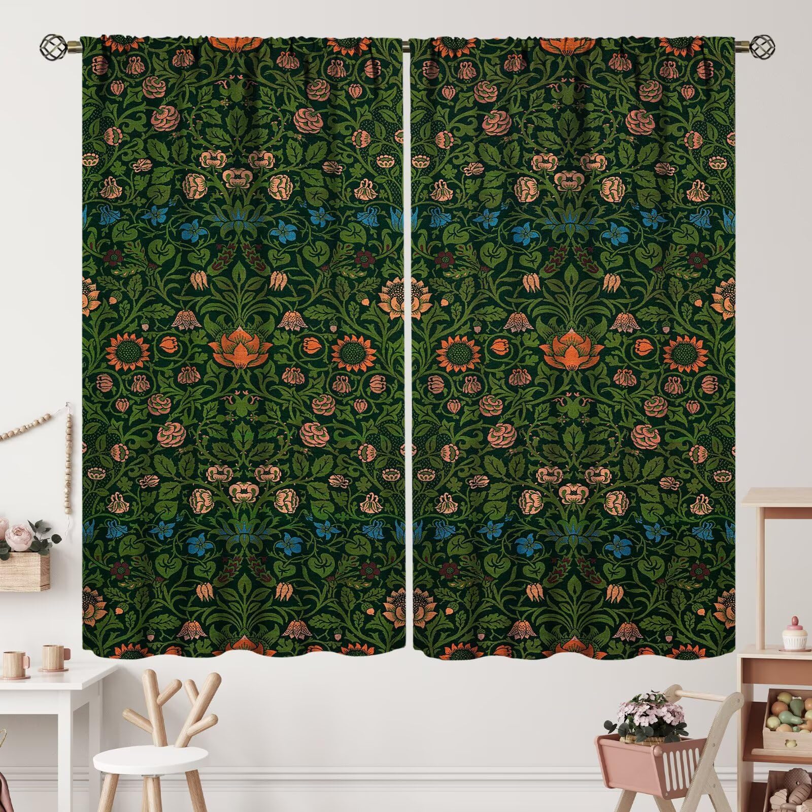 ZhiRain Vintage Flower William Morris Curtains Boho Style Retro Plant Pattern Curtain with Rod Pocket for Bedroom Living Room Home Decor Drapes Window