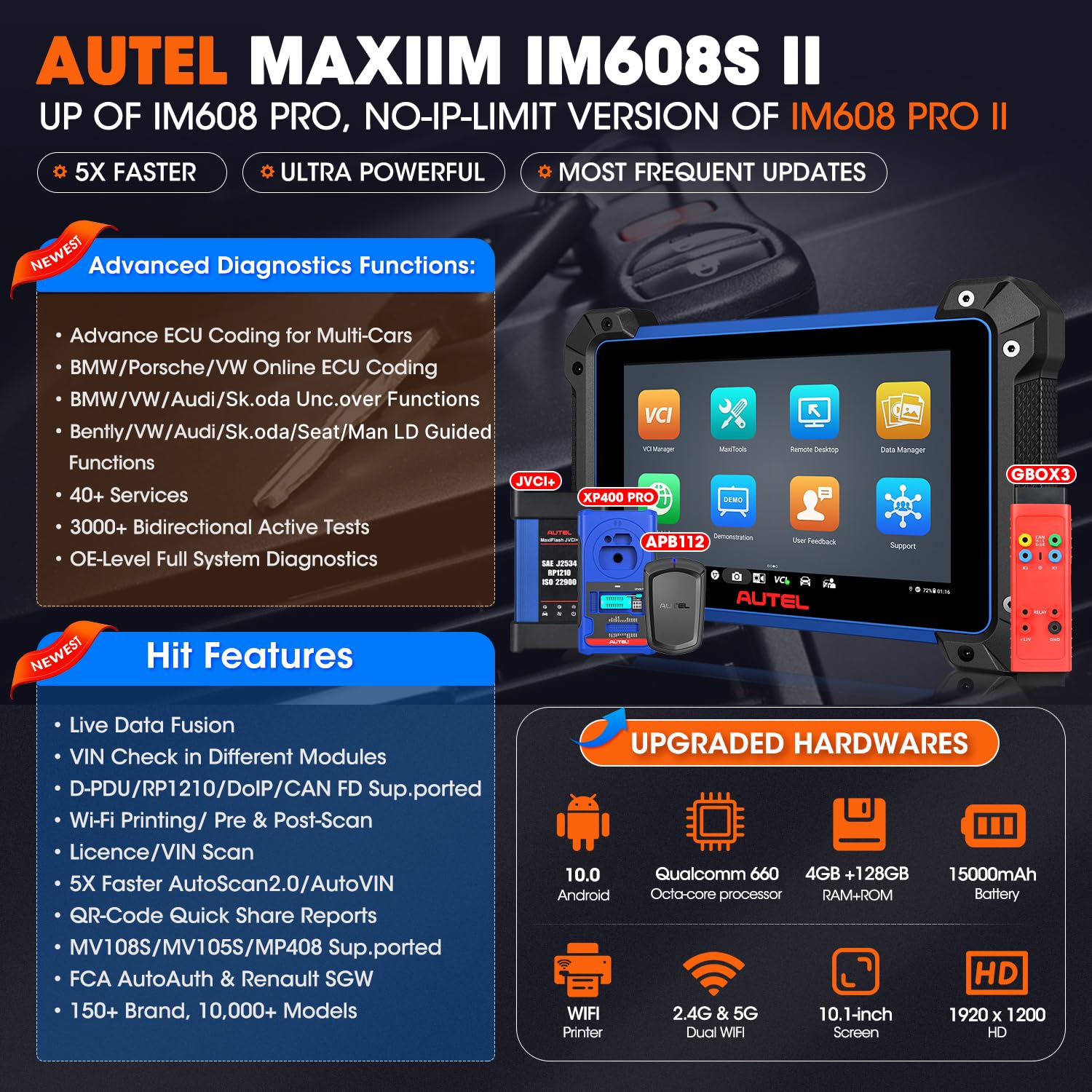 Autel MaxiIM IM608S II - 2025 Same as IM608 PRO 2 with XP400 PRO, APB112 & GBOX3 [$1120 Bundle], IM608 PRO II Global Ver. | Advanced Diagnostic Tool ECU Coding 3000+ Tests 40 Reset 8-Core OS10 4/128GB