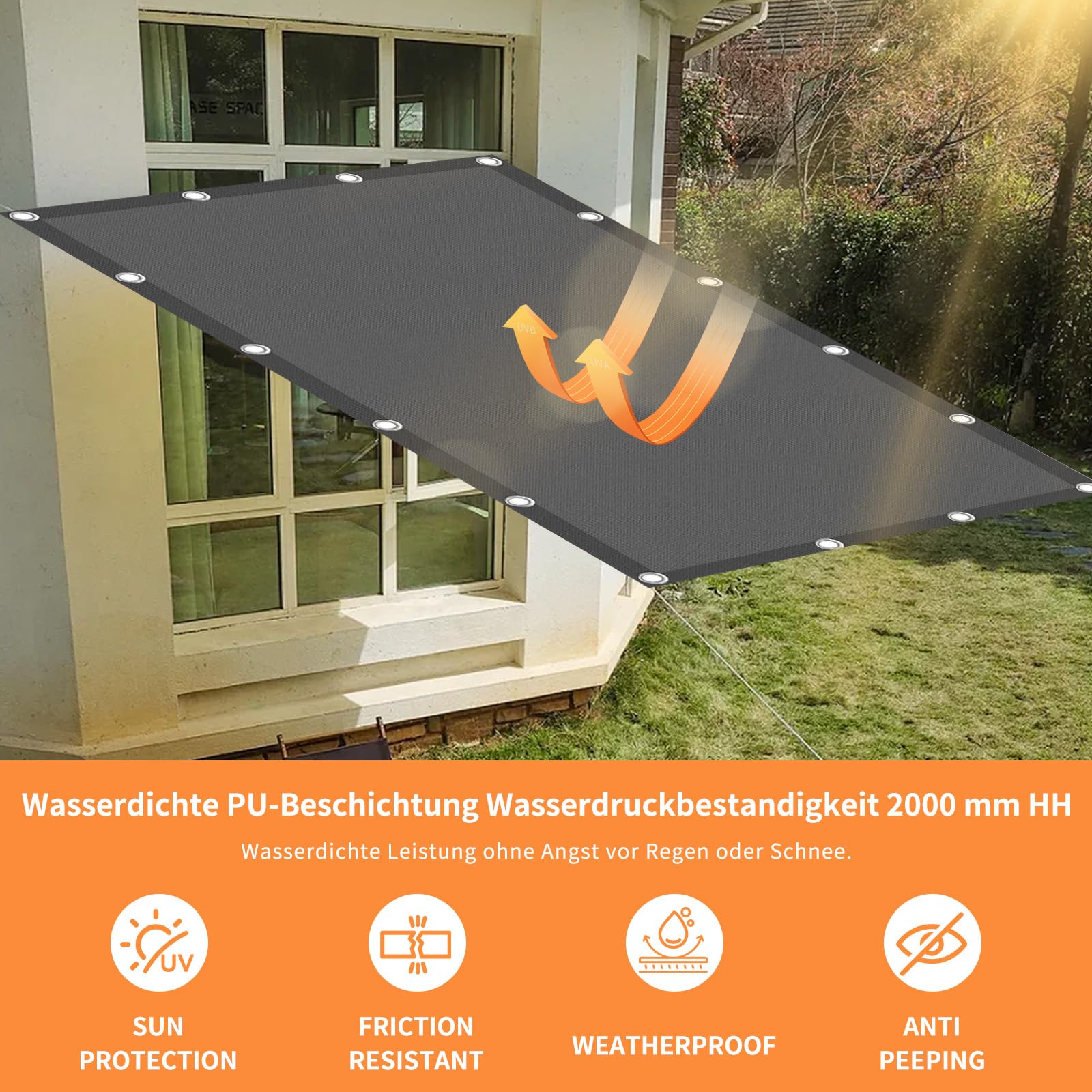 Sonnensegel Wasserdicht Rechteckig mit Ösen,Sonnensegel Rechteck 2x3m,Markisenstoff 95% UV Schutz,Schattierungsnetz inkl Befestigungsseile,UV-Schutz,Wetterfest für Garten Terrasse