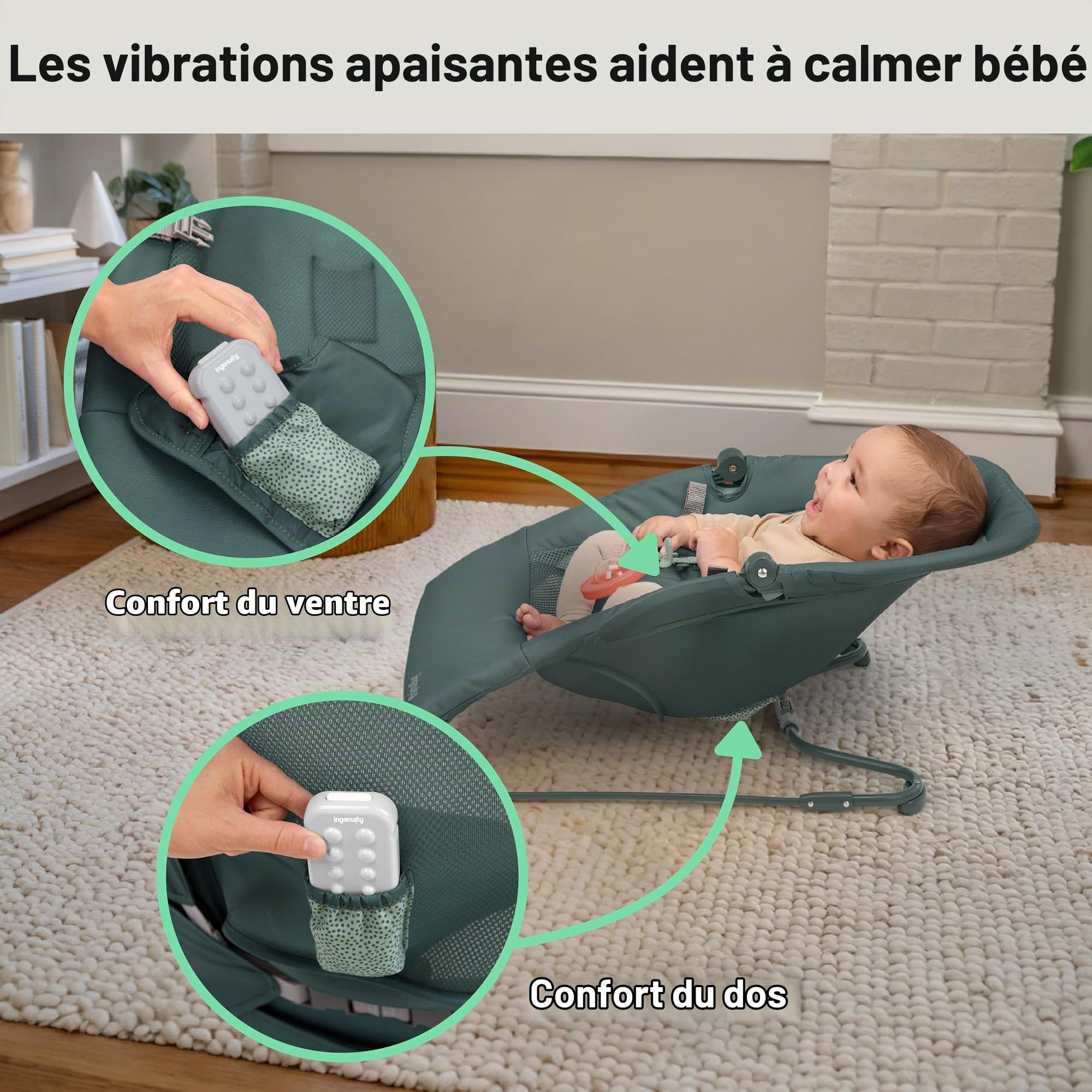 Ingenuity Stow & Go transat bébé compact pliable, siège portatif léger avec vibration et jouet, vert, moins de 2,3 kg