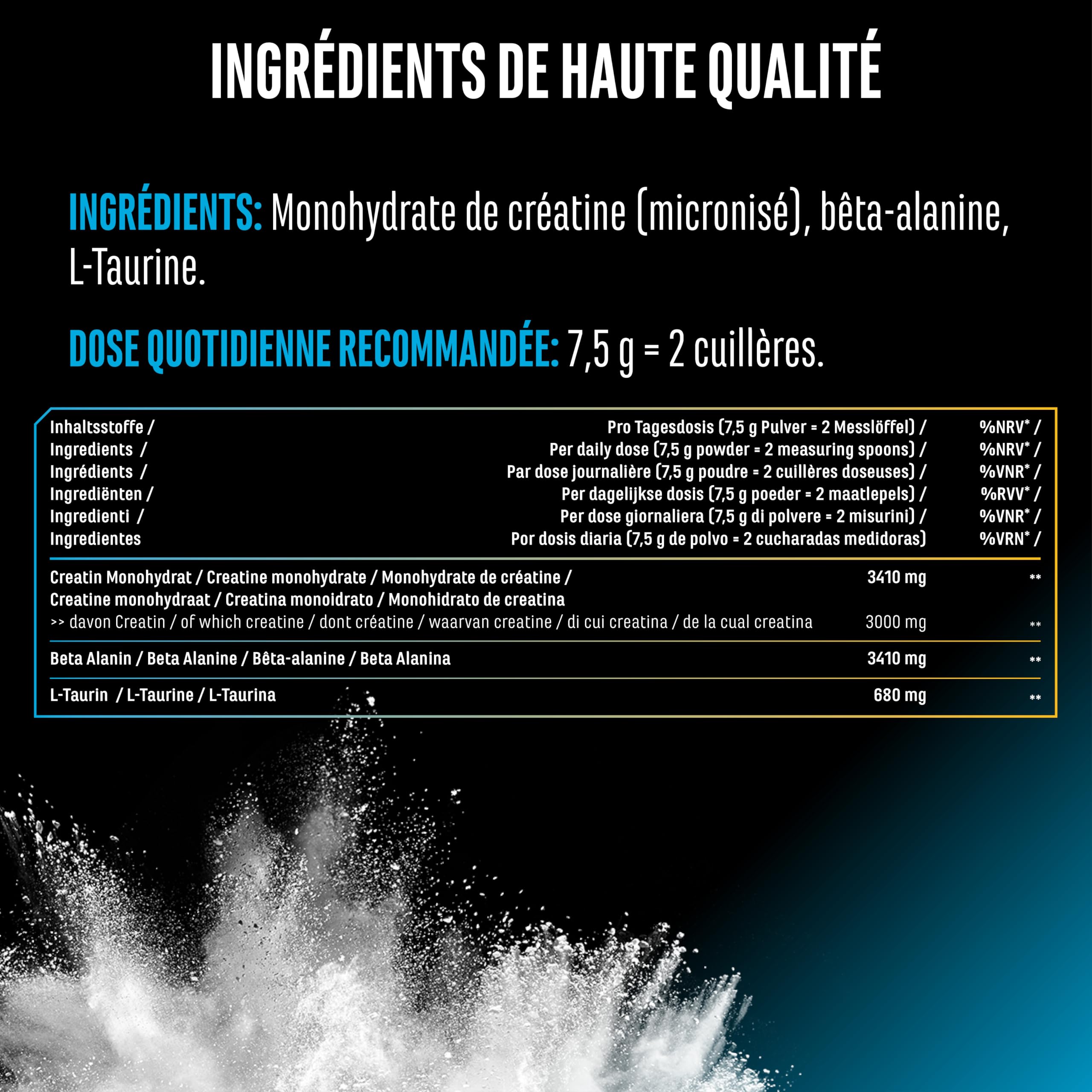 Creatin Beta Alanin Stack - Poudre 750 g - Créatine Monohydrate + Bêta-Alanine + L-Taurine - Créatine Micronisée de Haute Qualité - Dosage Optimal, Végan