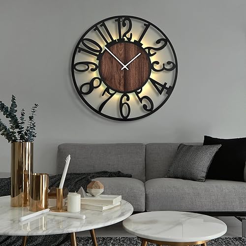Miniatura 8 de LEIKE Relojes de pared grandes con luz nocturna que funcionan con pilas, silencioso, sin tictac, reloj rústico y moderno de madera grande para sala