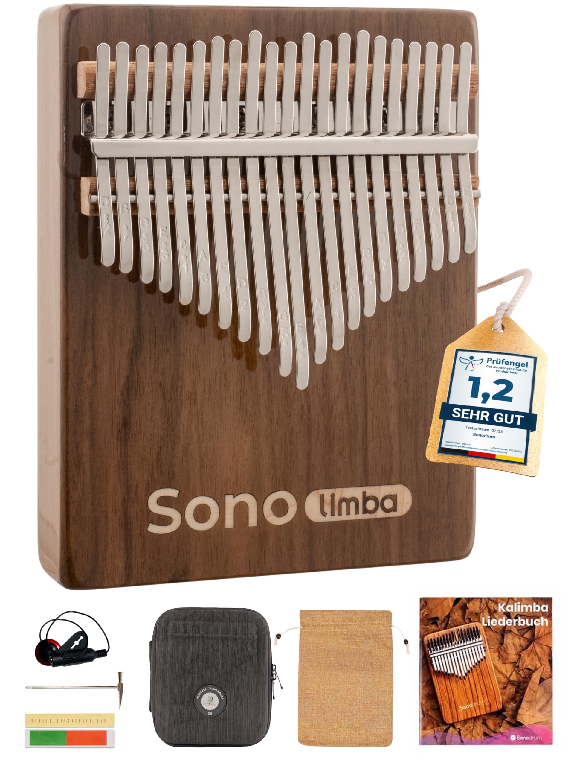 Kalimba "Sonolimba" mit 21 Schlüsseln in C - Dur aus Walnussholz - Daumenklavier inkl. Set mit Liederbuch, Schutztasche, Stimmhammer und weiteres. Kalimba Instrument für Kinder und Erwachsene