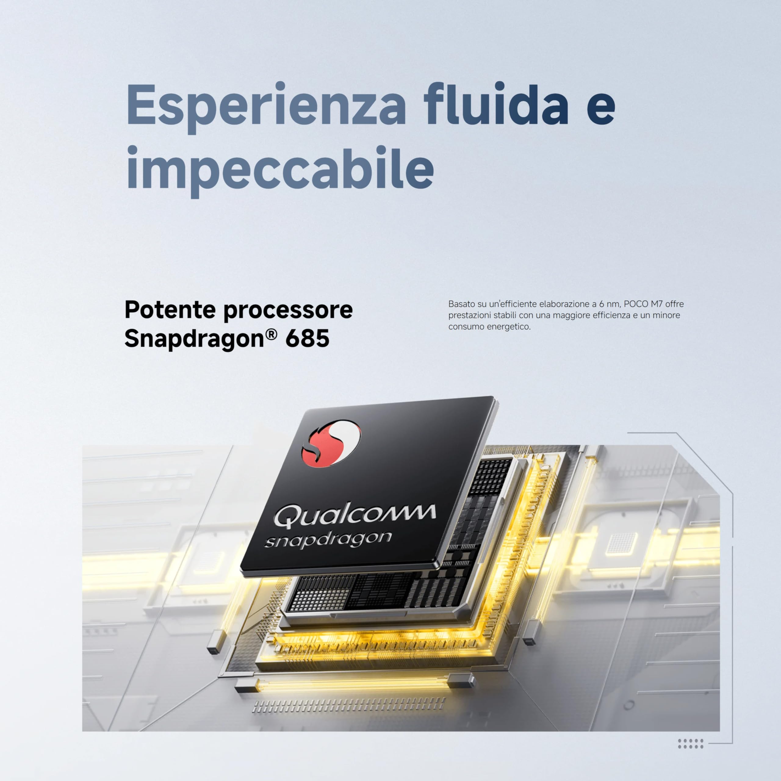 POCO M7, Smartphone 6+128GB, Argento, Display FHD+ da 6,9" 144Hz | Snapdragon 685, Doppia fotocamera AI da 50MP, Batteria da 7000mAh, Garanzia di 2 anni