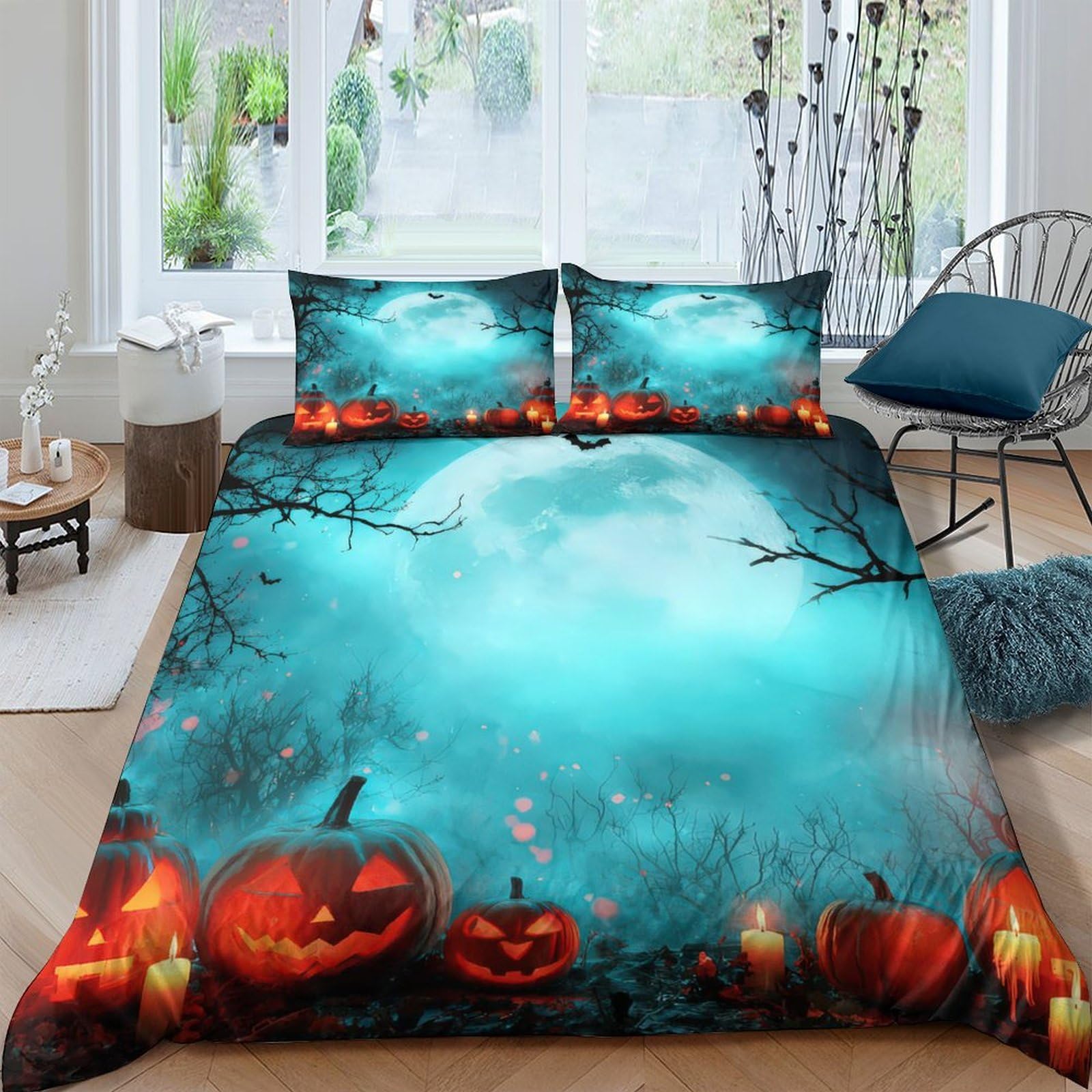 Ctjqhvkz Style-6 3D Printed Halloween Moon Fitted Sheet Microfiber Soft Pumpkin Forest Bed Cover Anti-Slip Machine Washable Bedroom Decor Single（135X200cm）