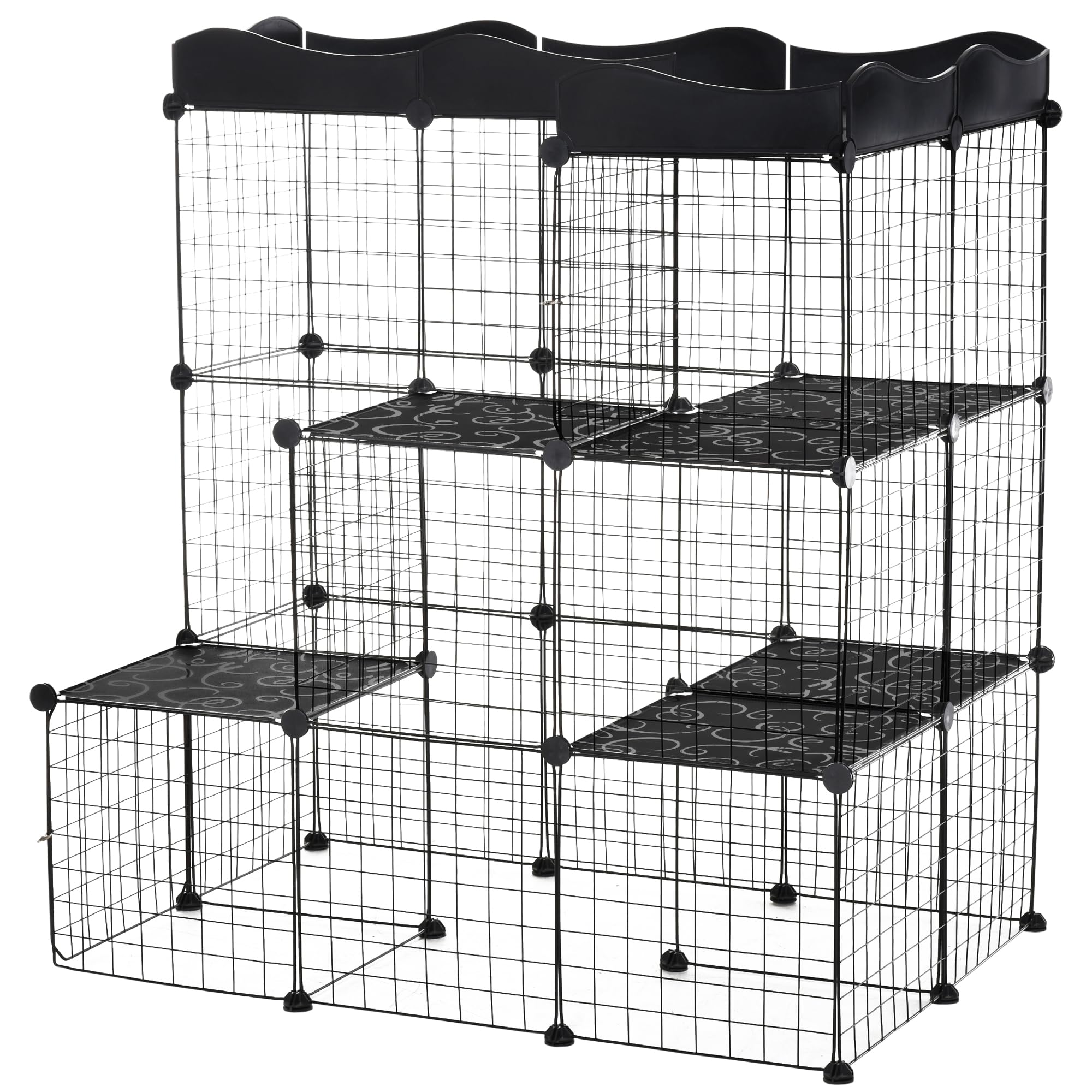 PawHut Recinto per Animali di Piccola Taglia Modulabile con Pannelli e Accessori, Gabbia per Animali in Acciaio e PP, per Gatti e Conigli, 105x70x116 cm, Nero