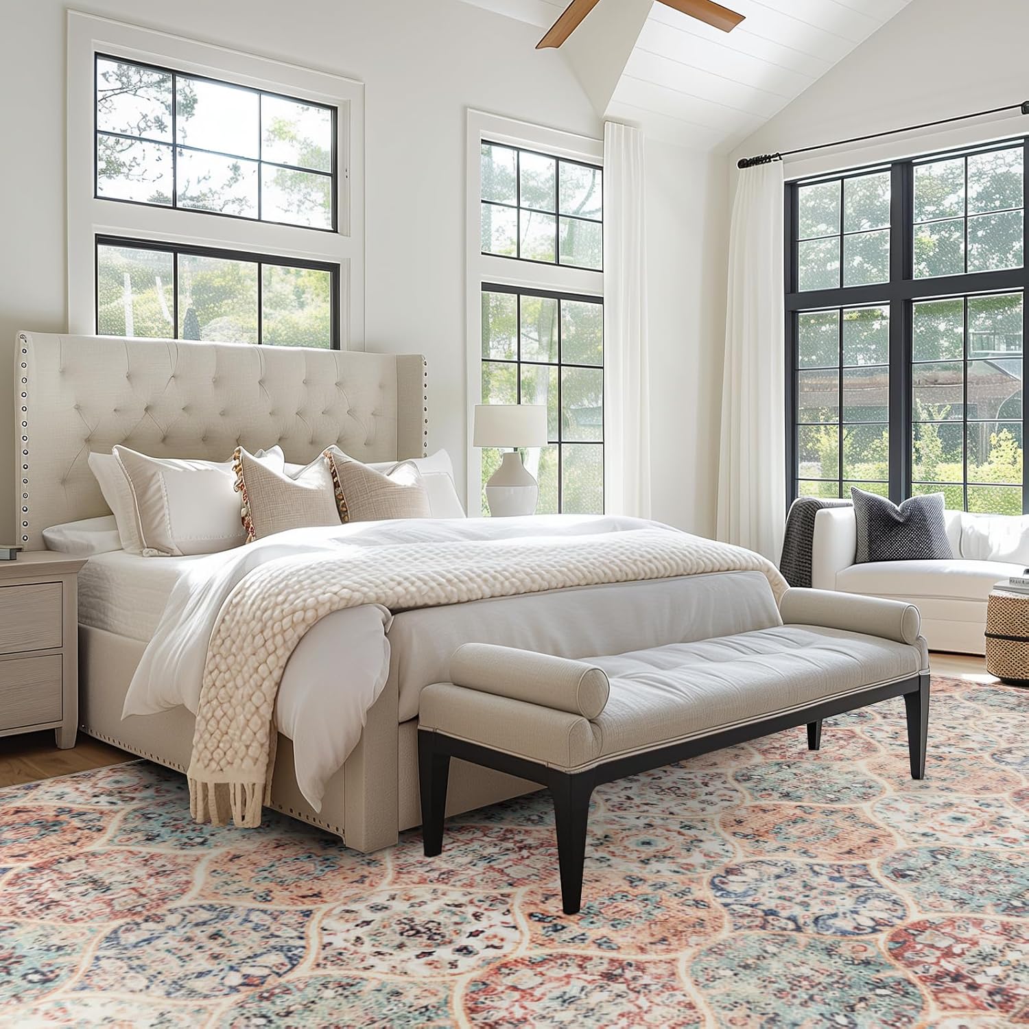 Area Rug 6×9, Large Vintage Boho Rug,Ultra-Soft Low Pile, Washable, Non Slip,Stain Resistant, Carpet for Living Room Bedrooms Playroom Office Kitchen, Multi/Cream 6×9 Multi/Cream