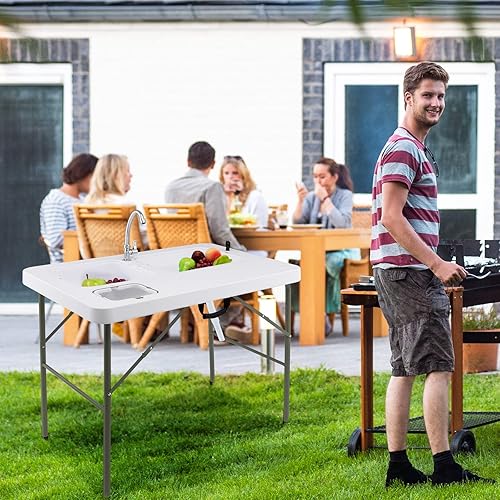 Miniatura 9 de Goplus Mesa plegable de limpieza de peces con doble lavabo de agua mesa de filete resistente con gancho de manguera fregadero y grifo estación