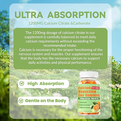 Miniatura 4 de Gomitas de calcio y magnesio y zinc para adultos 1200 mg de citrato de calcio 400 mg de glicinato de magnesio con D3 B12 - Suplemento de alta