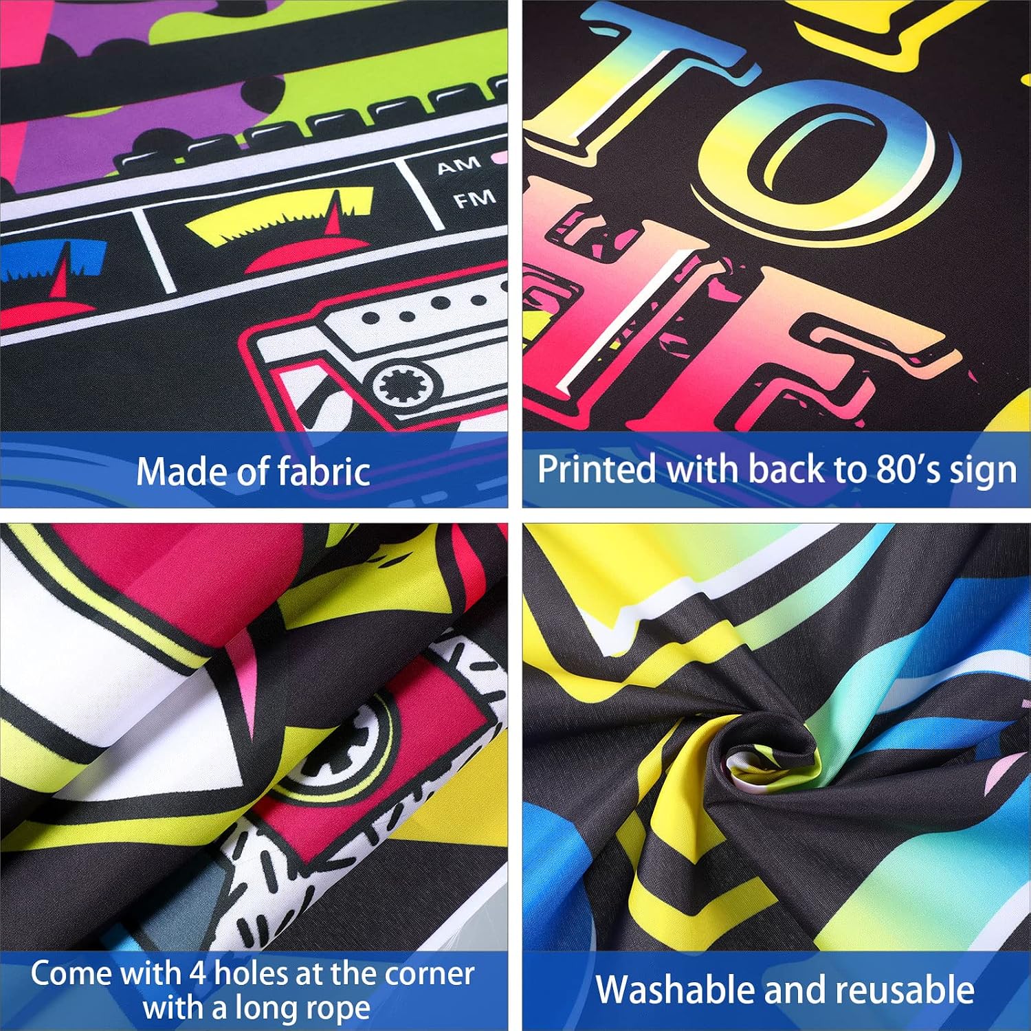 80's Party Decorations, Extra Large Fabric Back to The 80's Hip Hop Sign Party Banner Photo Booth Backdrop Background Wall Decorating Kit for 80's Party Supplies, 70.8 x 43.3 Inch