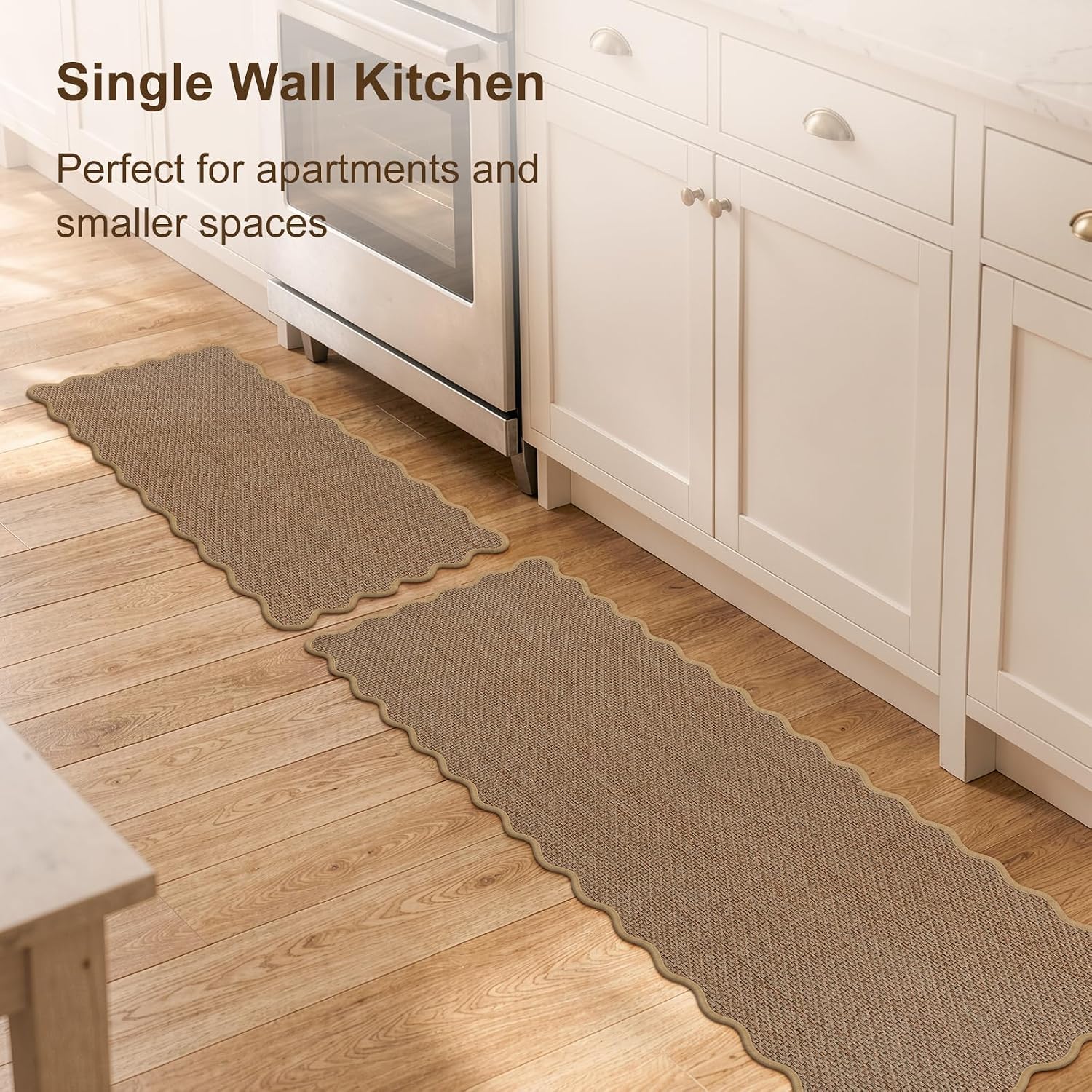KIMODE Kitchen Rugs and Mats Set of 2 Scalloped Kitchen Mats for Floor | 17"x29"+17"x47", Brown,Non Slip,Washable,Farmhouse Scalloped Kitchen Runner Rug,Absorbent,Braided,Sink Mats for Home Decor