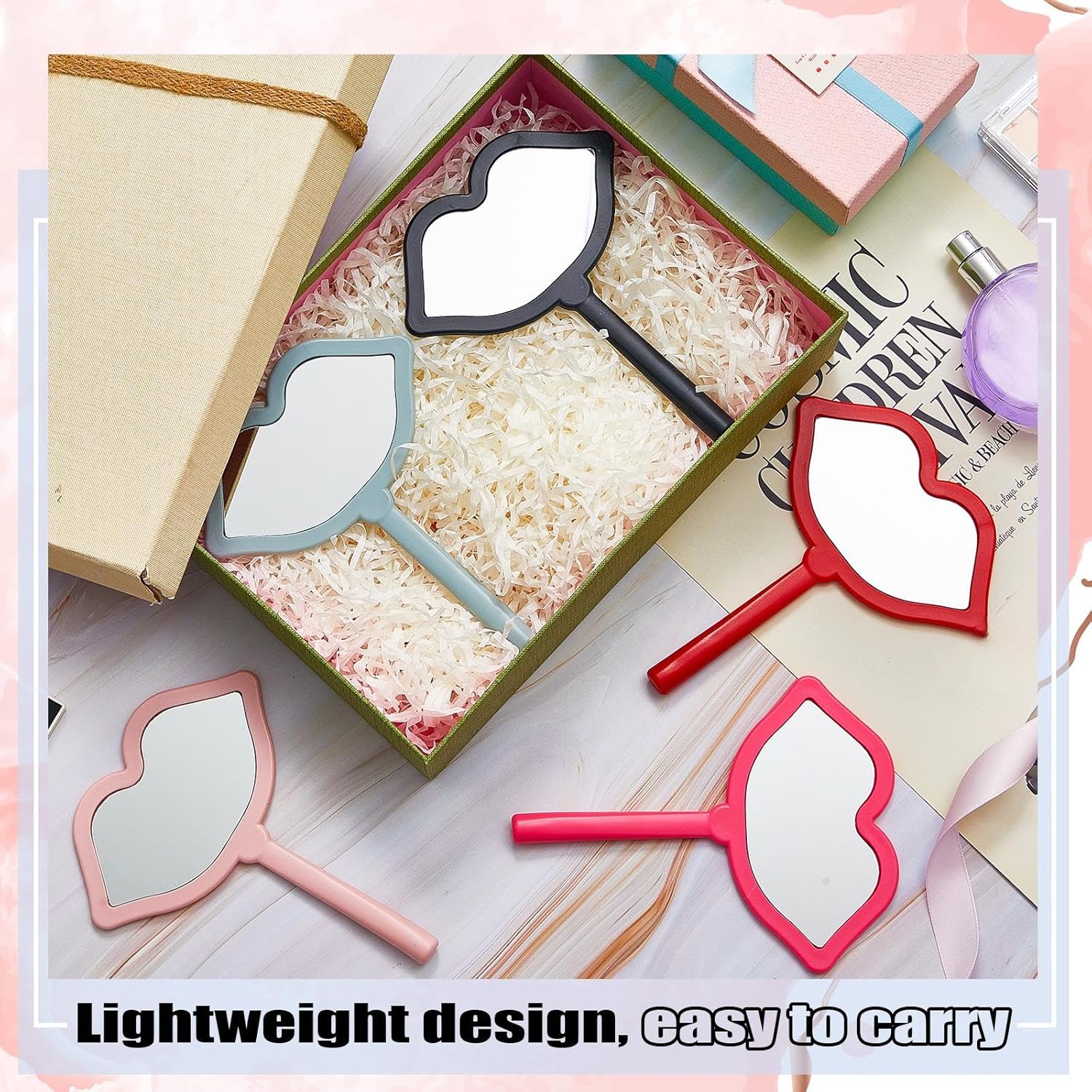 Juexica 20 Pcs Hand Mirror with Handle Lip Shape Handheld Mirror for Makeup Compact Portable Mirror Cosmetic Small Mirrors Vintage Camping Travel Makeup Handheld Mirror for Women Daily Use, 7 Colors