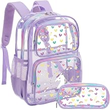PAMASE Unicorn Purple Clear Backpack with Pencil Case for School Girls Kids
