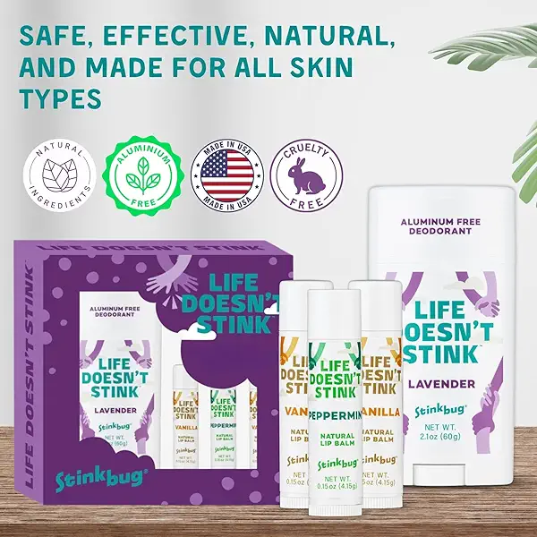Stinkbug Naturals Organic Aluminum Free Deodorant Stick with Lip Balm, Jojoba Oil, Coconut Oil and Cocoa Butter (Includes 1 Natural Lavender Deodorant 2.1oz & 3 Lip balms 0.15oz) 6