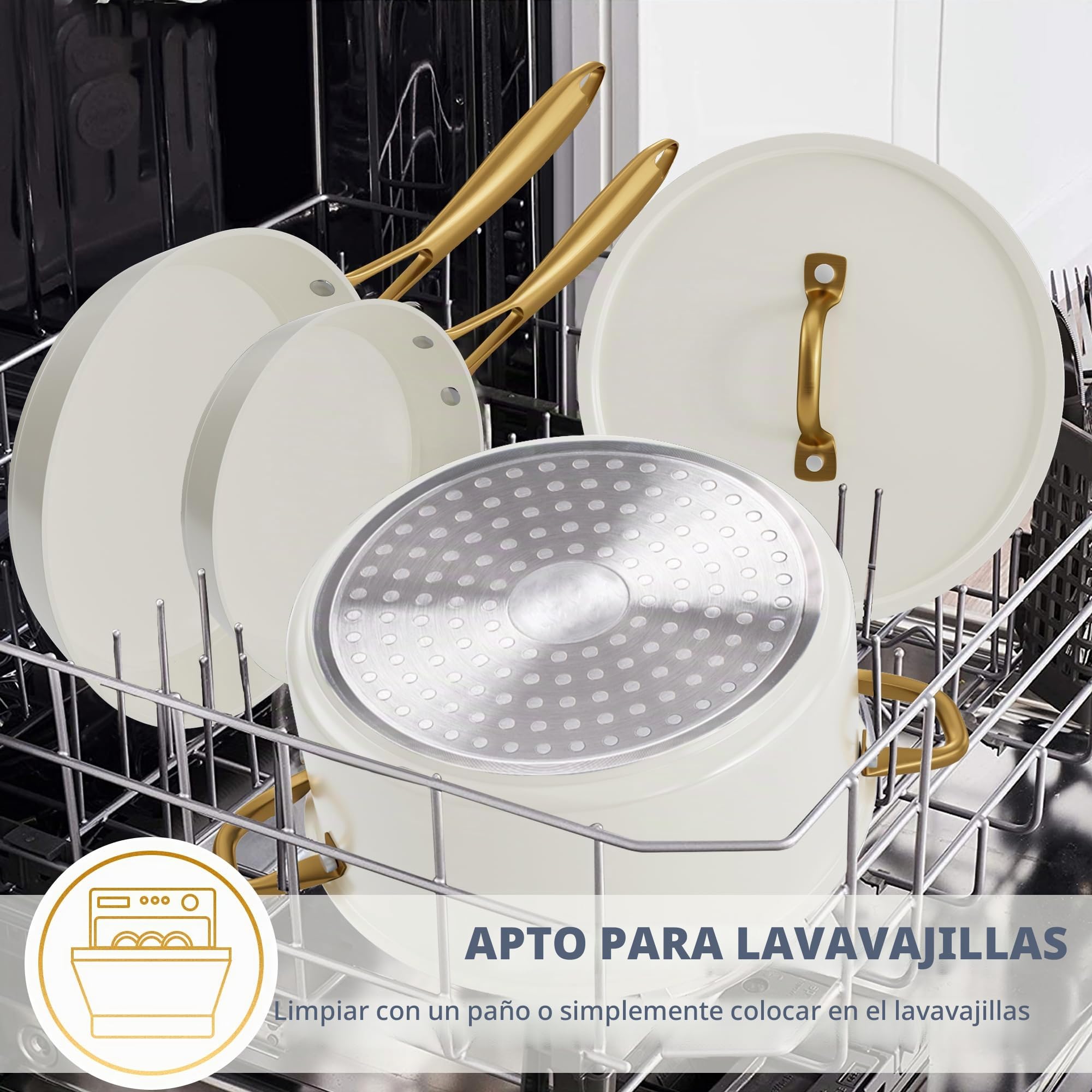 RIOVARM Inducción Juego de ollas y sartenes con Tapas, Cerámica Antiadherente Batería de cocina con juego de espátulas, Juego Esencial de Cocina para Regalos de Cocina, Olla, Sartén, Sin PFOA