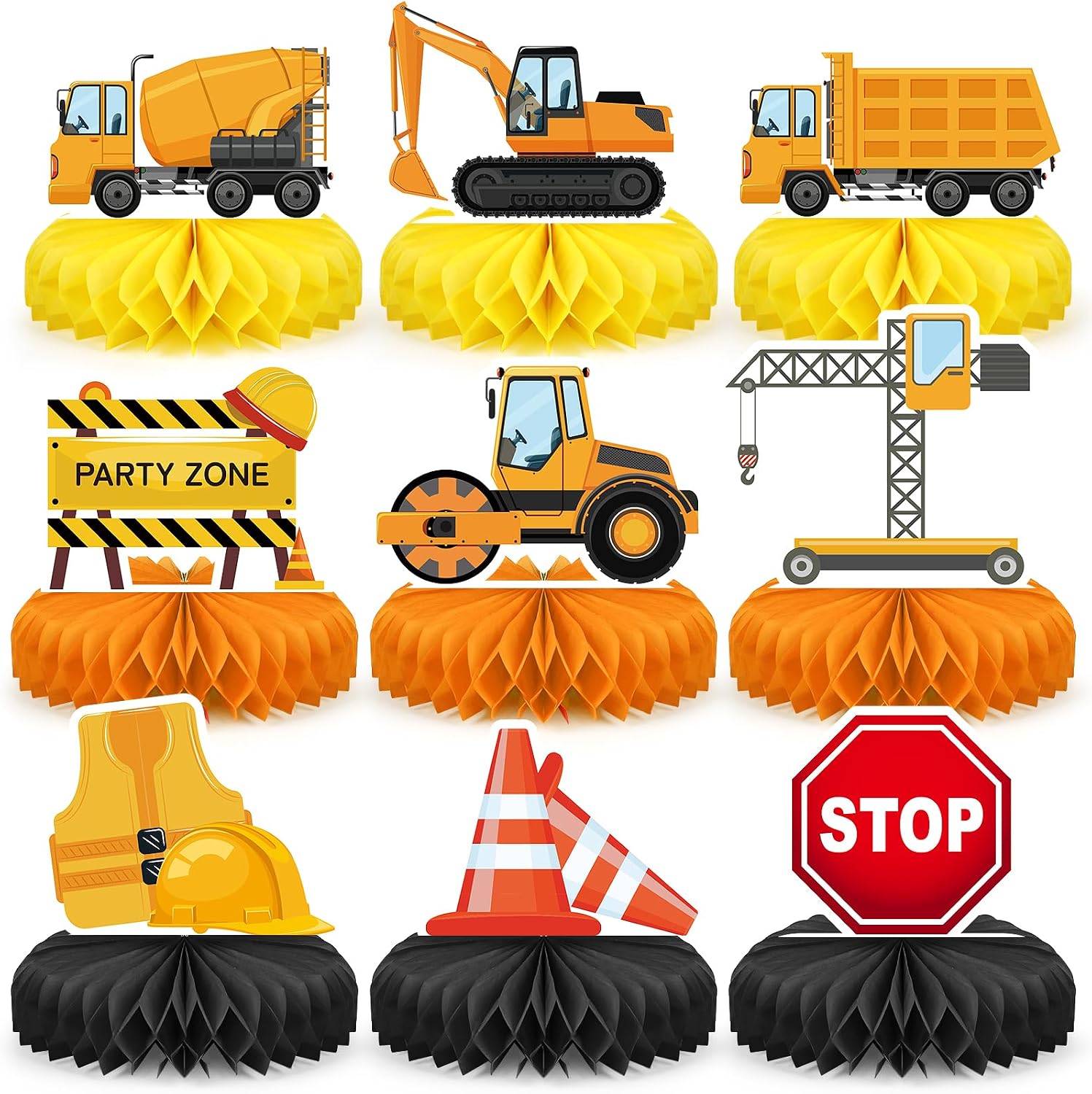 9 Pcs Construction Party Honeycomb Centerpieces for Tables Construction Party Decorations Car Truck Zone Table Centerpieces Signs for Birthday Party Favors Supplies
