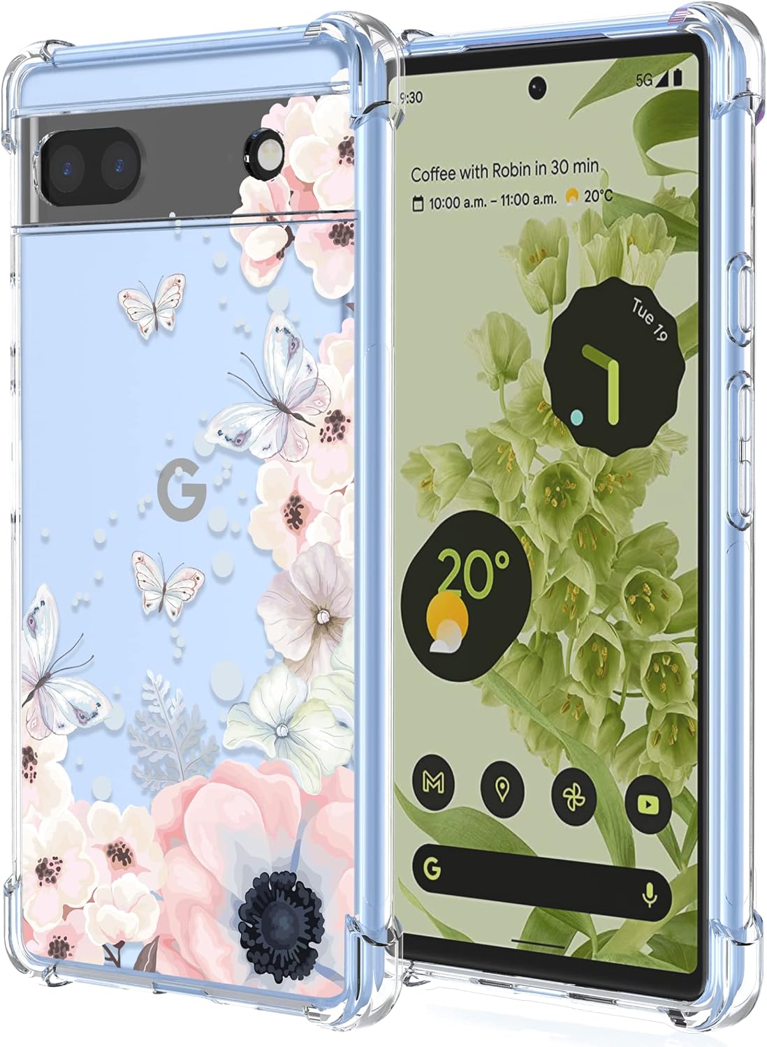 for Google Pixel 6A Phone Case with Clear Floral and Butterflies Pattern,Shockproof Protection Soft TPU Case for Google 6A(Pink Flowers/Butterflies)