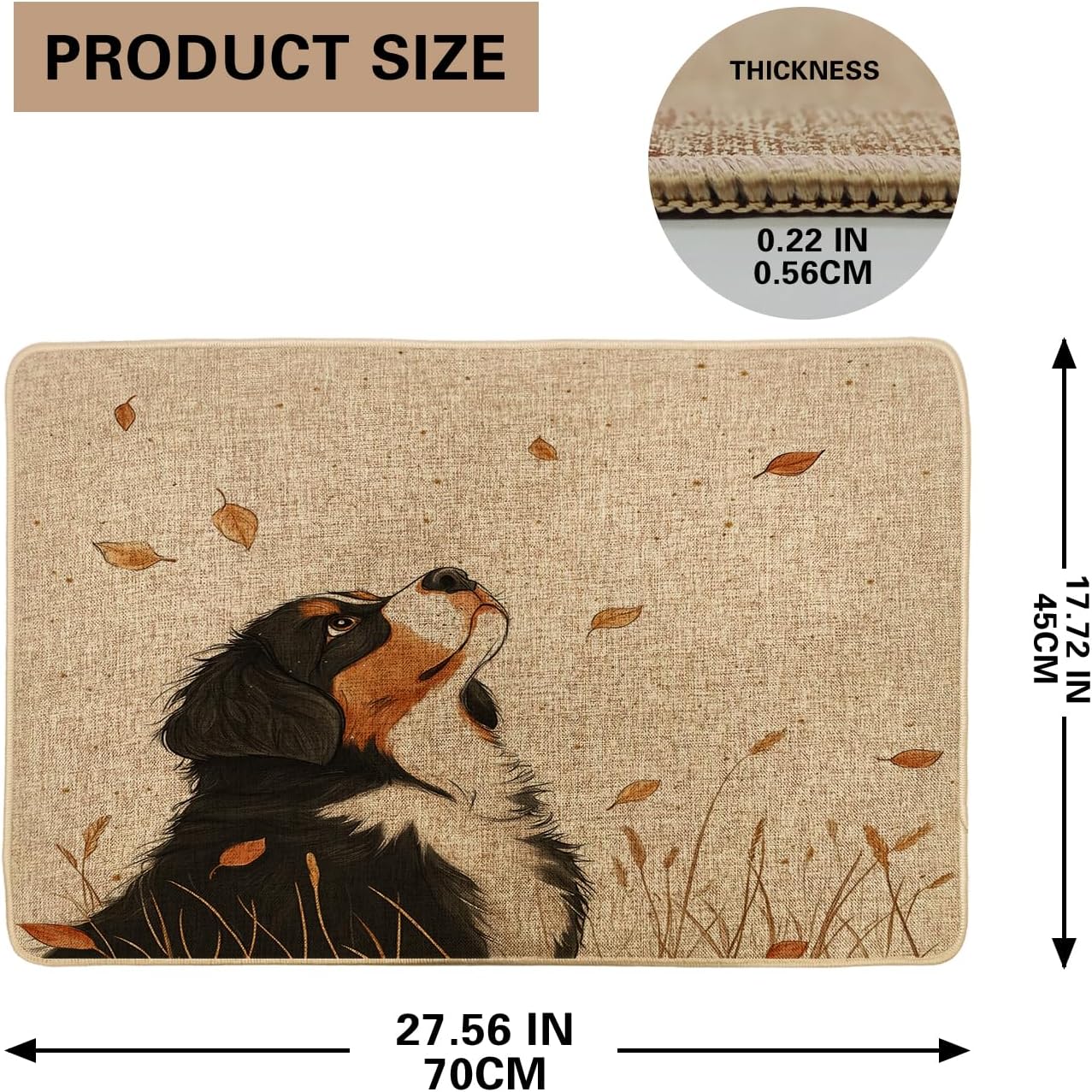 Fall Bernese Mountain Dog Front Black Door Mat Outside Inside Entrance 29 * 17, Autumn Watercolor Leaf Flower Outdoor Washable Doormat, Small Puppy Pet Patio Garage Shoes Off Door Rug