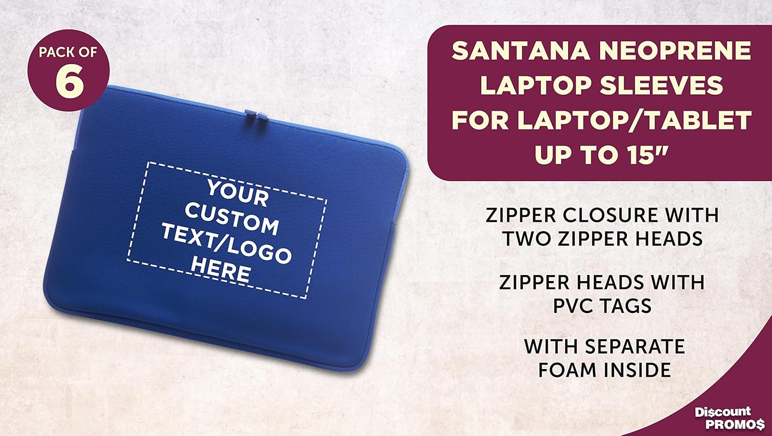 6 Santana Neoprene Laptop Sleeves Set - Customizable Text, Logo - Zipper Closure, Lightweight, Durable, Party Favor - Blue