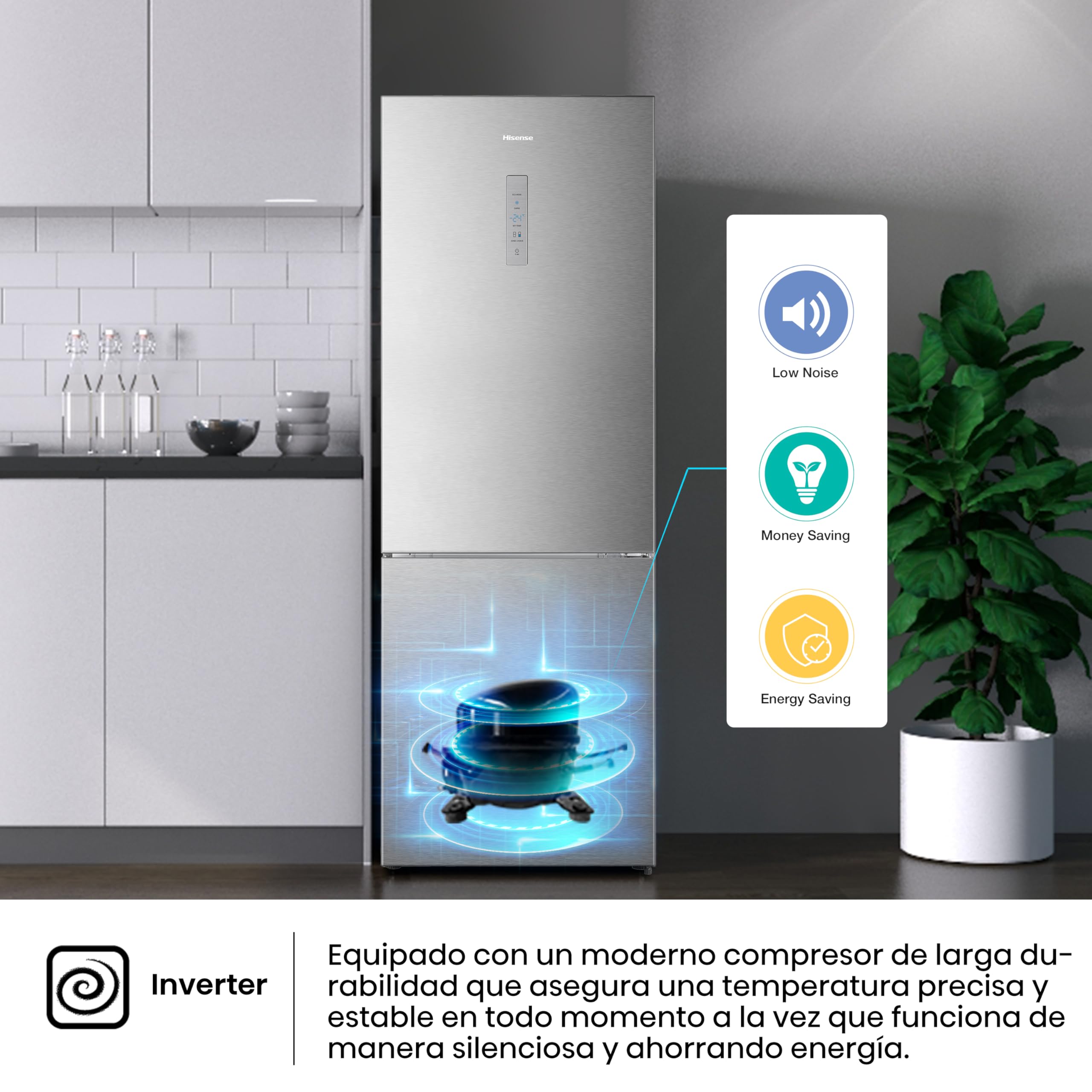 Hisense RB645N4BID Frigorífico Combi Inverter, Ancho especial 70Cm, Botellero, No Frost, 2 Metros,495Litros, Sistema de flujo de aire, Acabado Inox