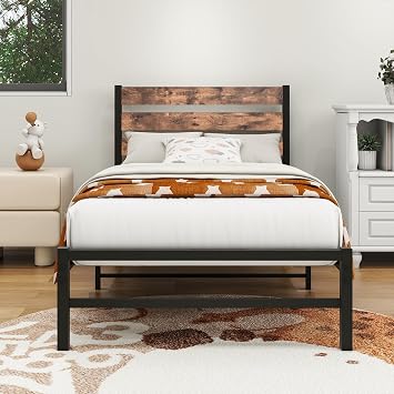 HOMERECOMMEND Single Bed Frame with Headboard,3ft bed 90x190cm,Rustic Brown | Heavy Duty Metal Platform Bed Frame Solid and Stable Strong Metal Slats Support Easy Assembly