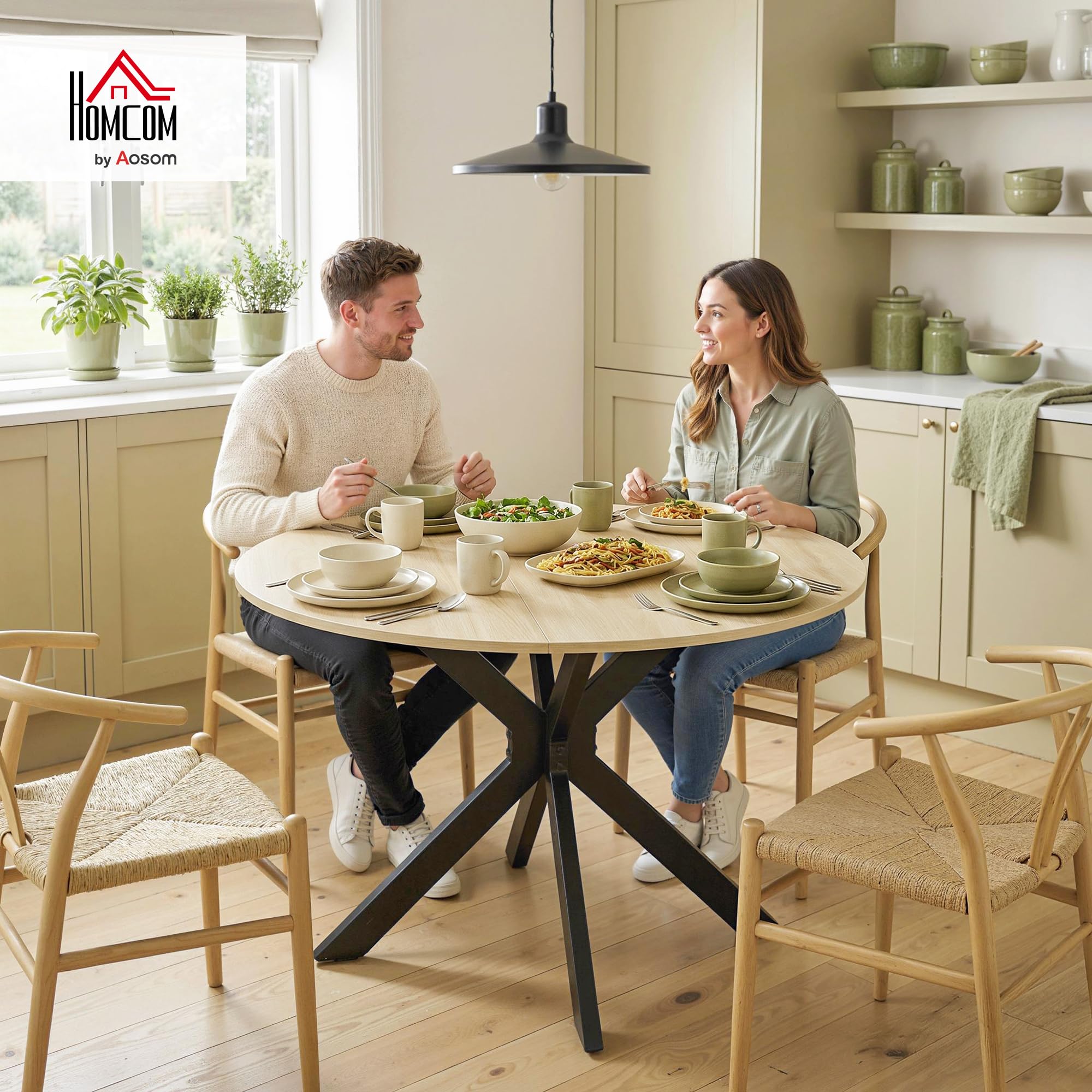 HOMCOM Table à Manger Pliante Ronde 2-6 Personnes Ø110x76 cm Bois Naturel | Table de Cuisine, Plateau Rabattable, Pieds Croisés en Acier, pour Petits Espaces, Salle à Manger