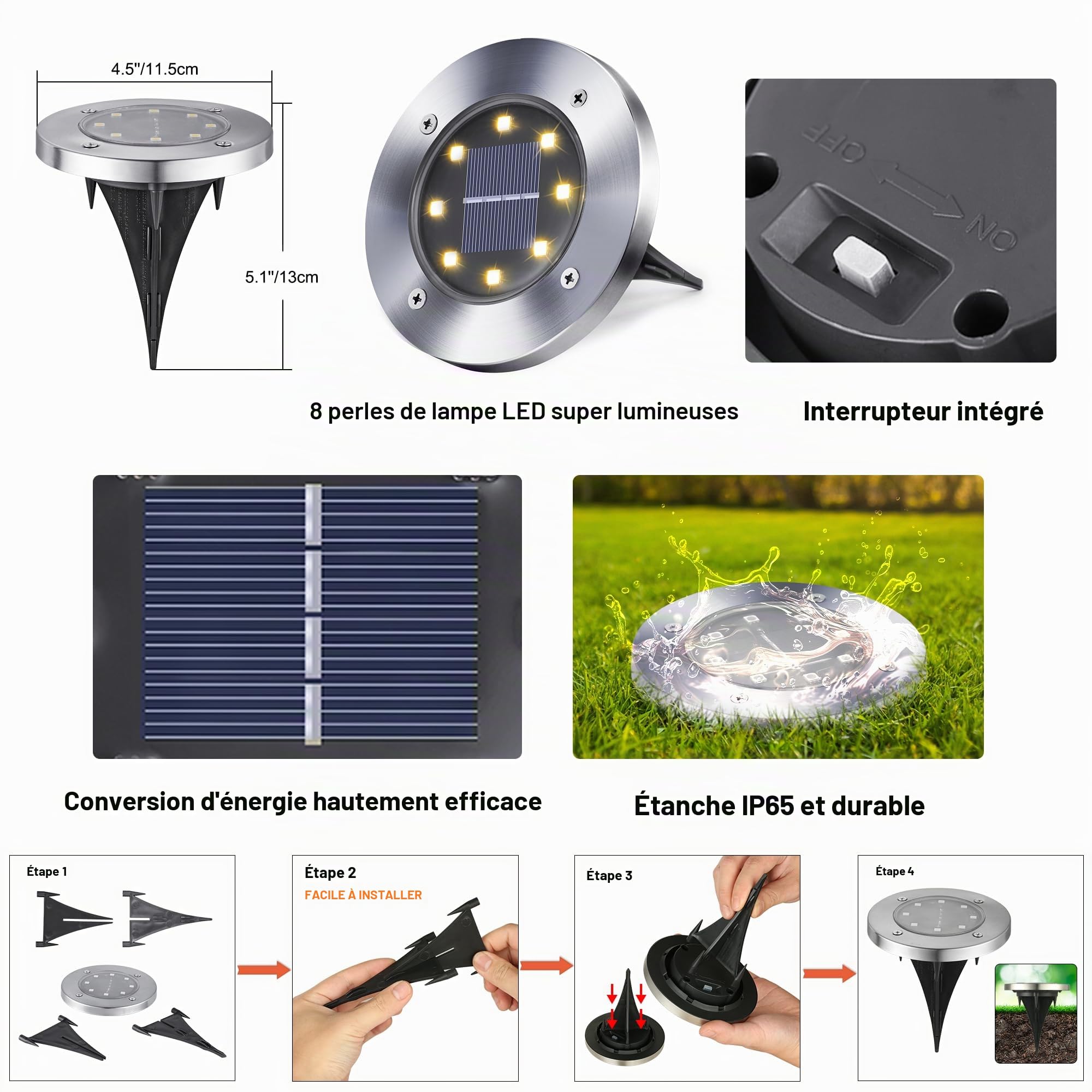 Qedertek 8 LED Lumière Solaire Extérieur, 16 Pièces Lampe Solaires Jardin Au Sol Étanche IP65, Pelouse Lumière Decorative Pour Jardin Chemin Terrace Cour Pelouse Escaliers (Blanc Chaud)
