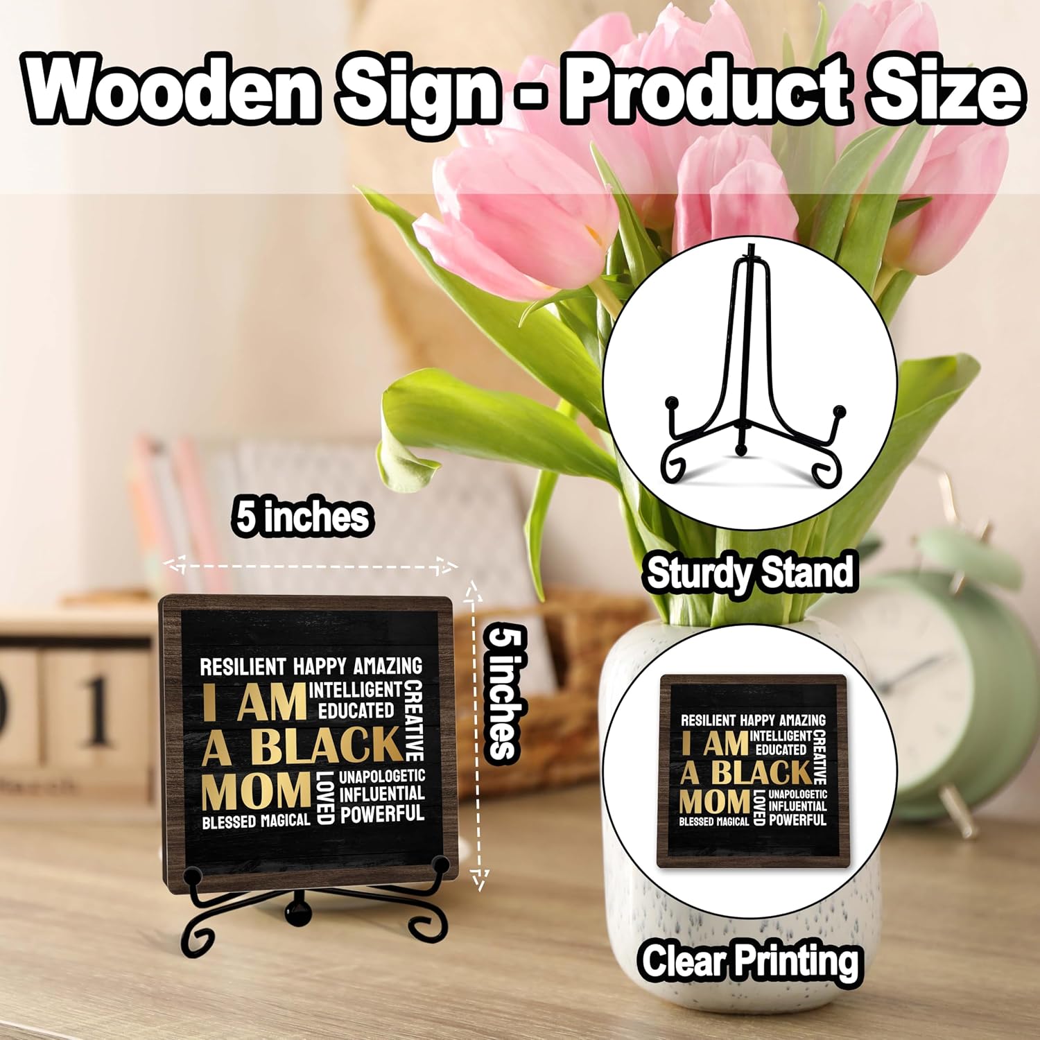 Black Mom Affirmation Wood Sign, Inspirational Gift for Black Mom, Mothers Day Gift from Daughter Son, 5x5 Inches Wooden Desk Decor Plaque – B04 image 2