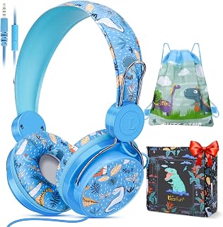 Kids Dinosaur Headphones, Cute Childrens Headphones Wired for School Boys with Microphone and 85dB Volume Limit, Adjustable Toddler headphone Over-ear Girls, Headphone for iPad/Kindle/Fire Tablet