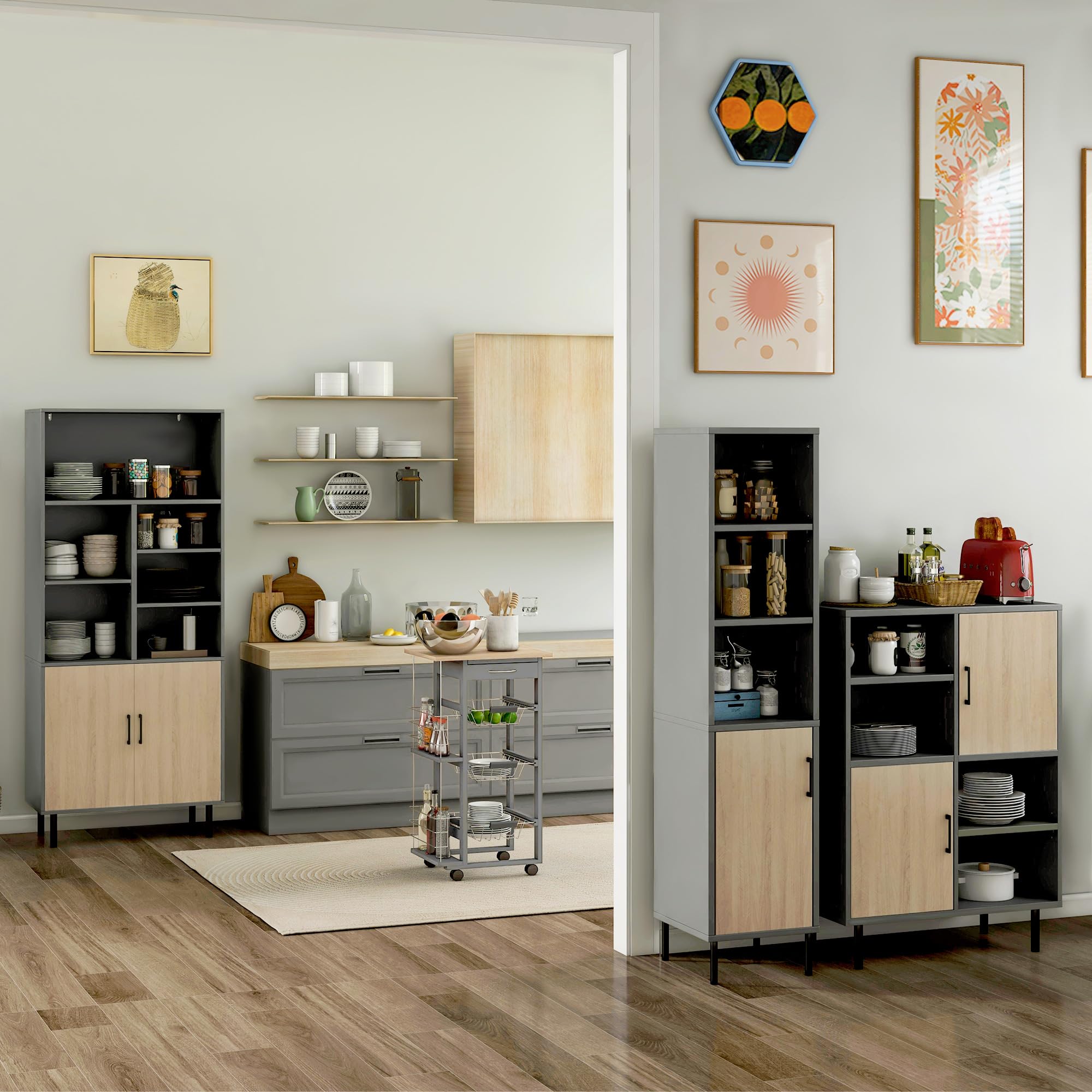 HOMCOM Carrito Auxiliar con Ruedas, 3 Cestas Metálicas, 47x37x83 cm, Gris | Carrito de Cocina, Cajón, 2 Especieros, Estructura de Madera de Pino, para Verduras y Frutas, para Comedor