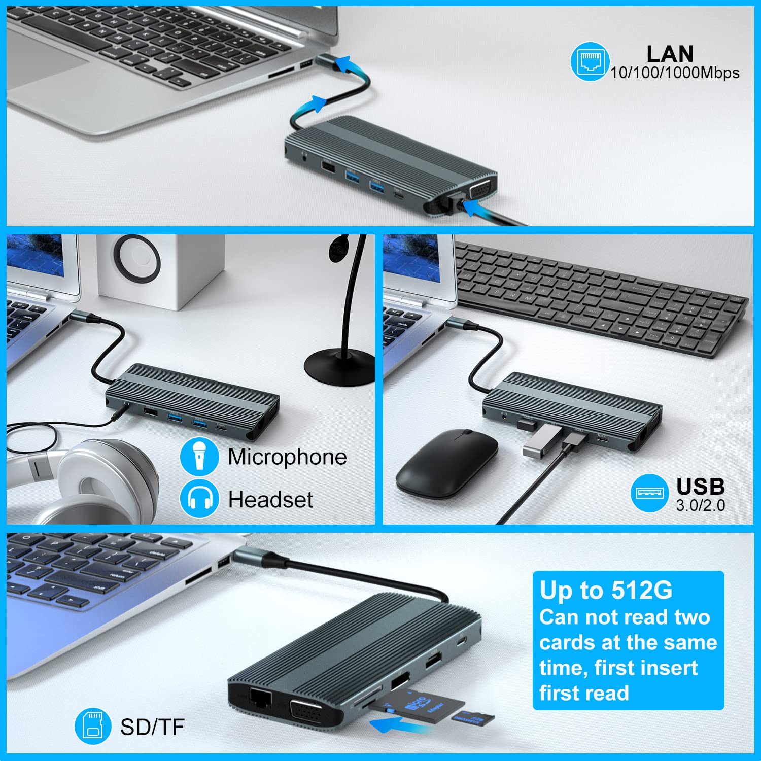 Usb C Hub Triple Monitor, Station D'Accueil Pour Ordinateur Portable 12-En-1, Adaptateur