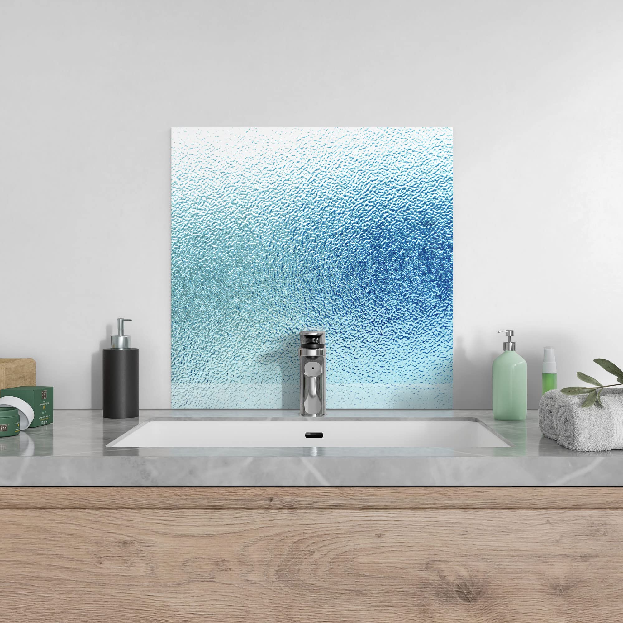 DEQORI Pannello posteriore per cucina in vetro, motivo vetro smerigliato con incisione blu, 60 x 60 cm, pannello posteriore per bagno o stufa, paraspruzzi per cucina e bagno, decorazione moderna per