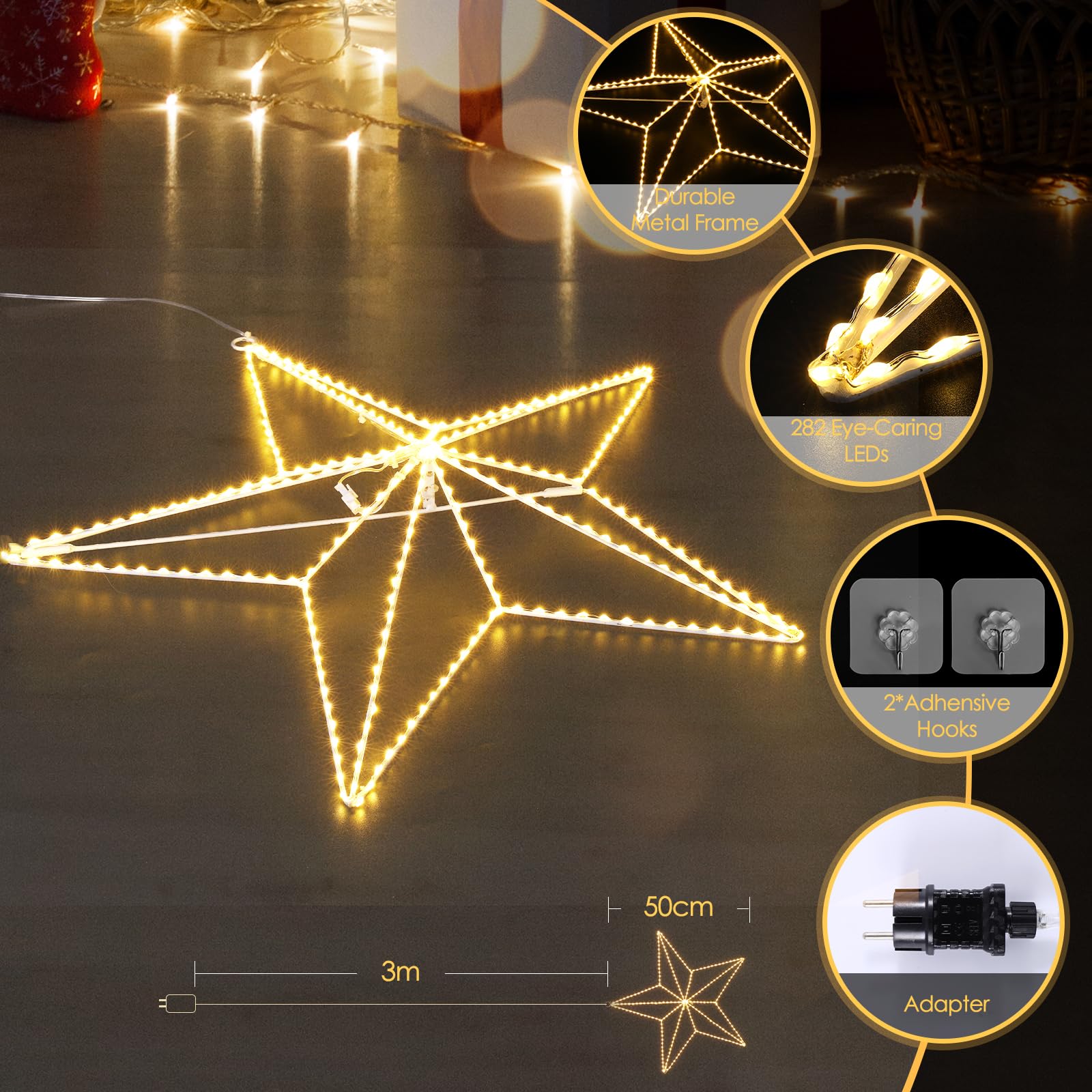 Quntis 50cm 282 LED Weihnachtsstern beleuchtet, 3D Große Weihnachtsdeko Strombetrieb Warmweiß, Stern Fensterdeko faltbar, Weihnachtsbeleuchtung Innen Außen für Fenster Wand Tür Balkon Terrasse Garten
