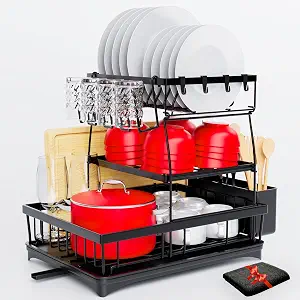 3 Tier Dish Racks for Kitchen Counter - Dish Drainers for Kitchen Counter with Automatic Drainage - Drying Rack Kitchen with Microfiber - Dish Strainers for Kitchen Counter