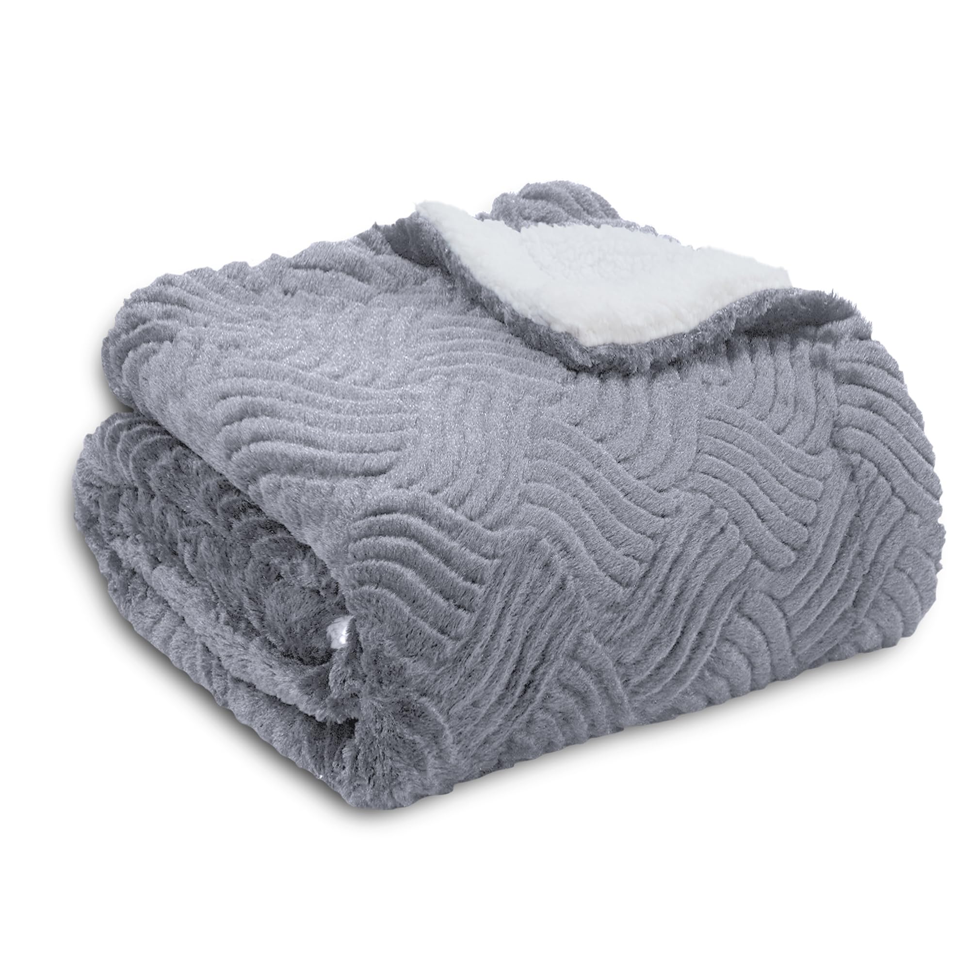Super Soft Cozy Faux Fur Plush Queen Size Blanket,90x90 Inches,Fuzzy Luxury Sherpa,Thick and Warm for Couch,Sofa,Bedroom,Living Room,Camping and Travel,Decorative Ripple Light Grey Design
