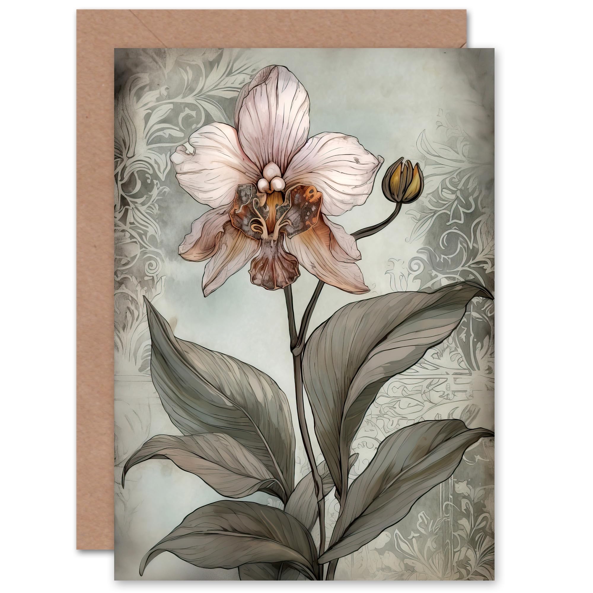 Artery8 Art Nouveau Pink Orchid Bloom Flower for Wife Her Mum Sister Daughter Mom Gran Nan Birthday Thank You Congratulations Blank Art Greeting Card
